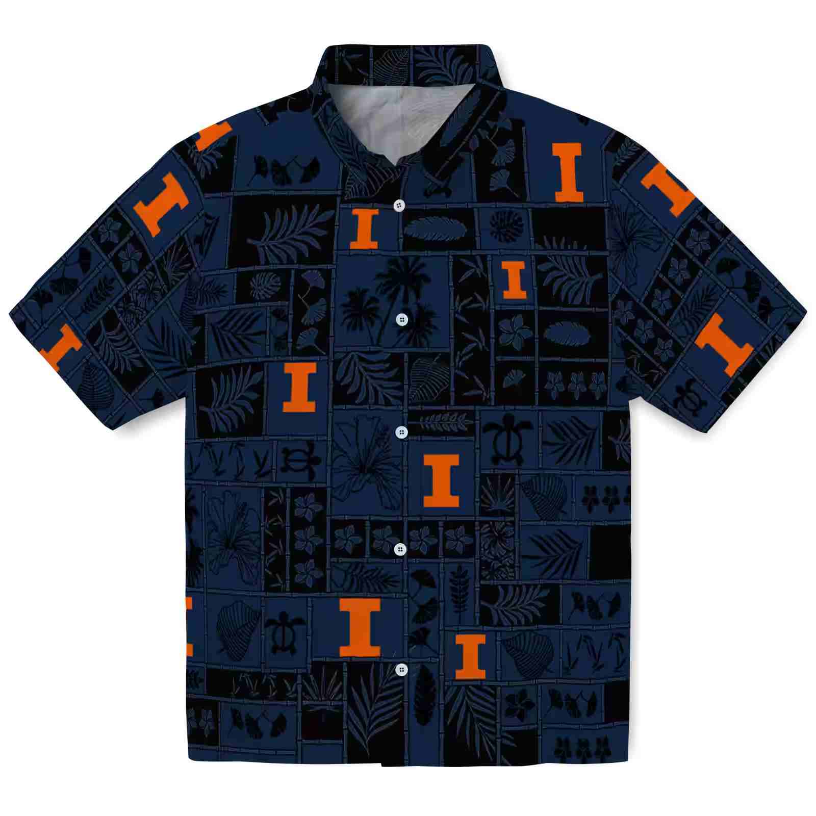 Illinois Fighting Illini Tropical Patchwork Blue Black Hawaiian Shirt