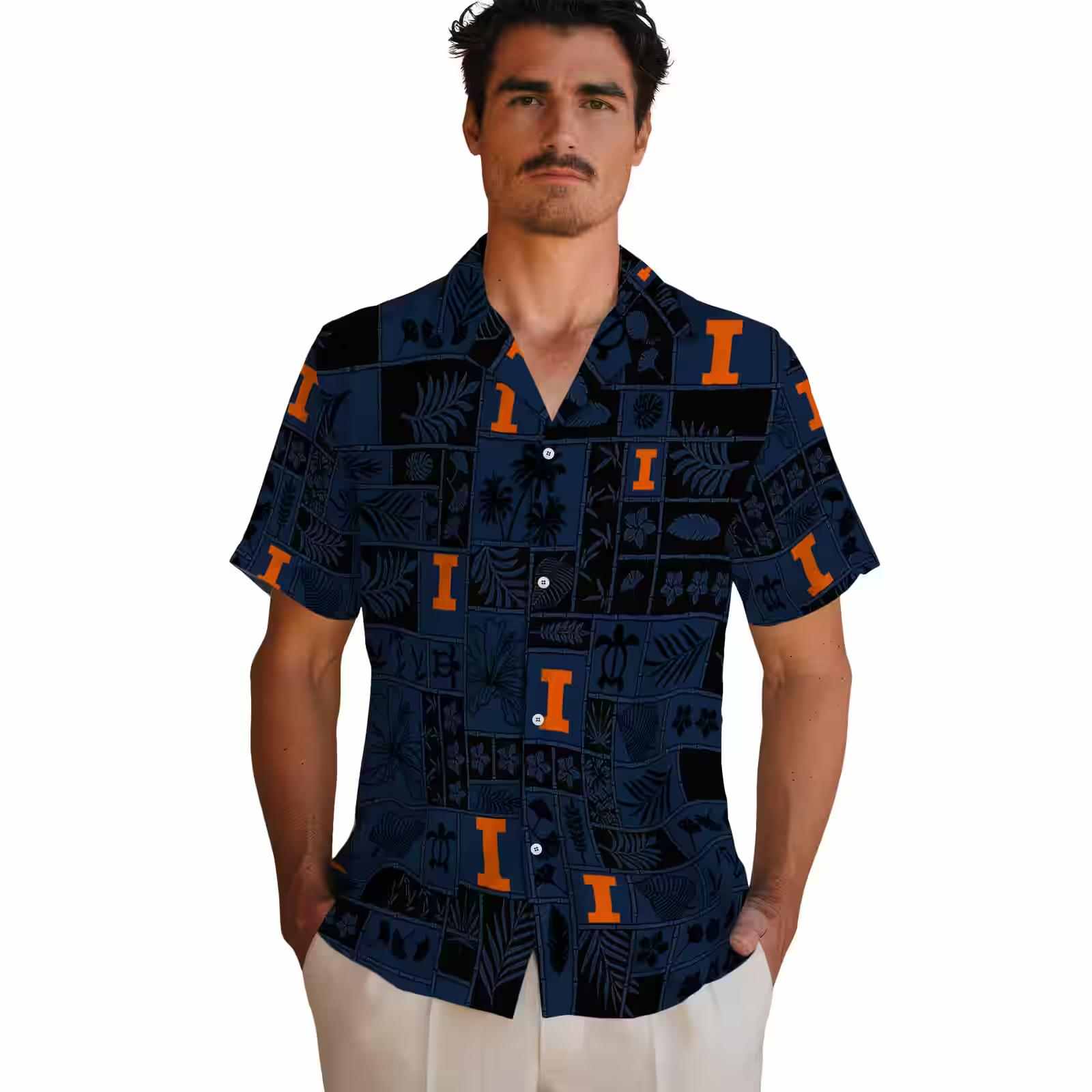 illinois fighting illini tropical patchwork blue black hawaiian shirt fashion forward