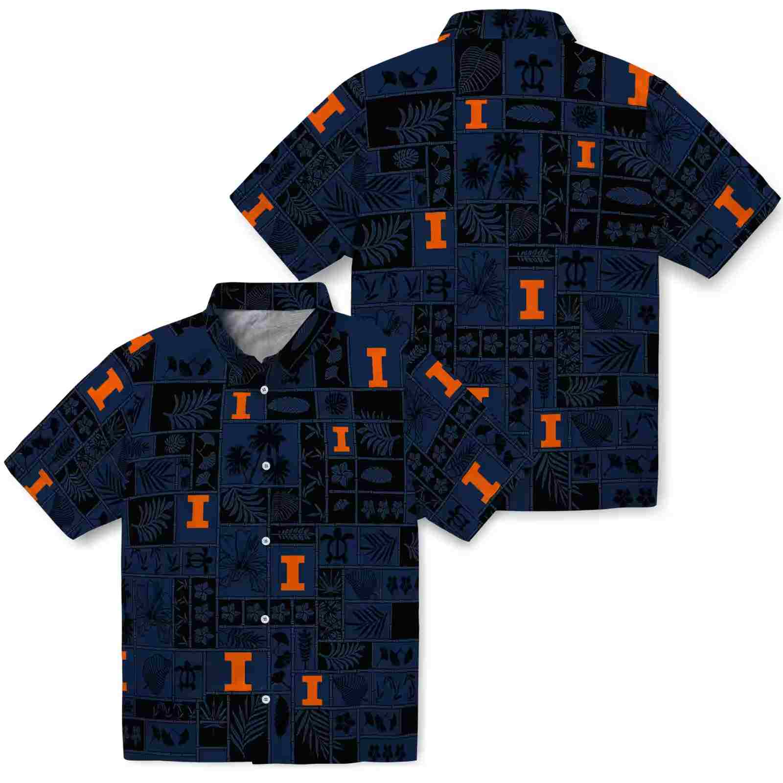 illinois fighting illini tropical patchwork blue black hawaiian shirt high quality