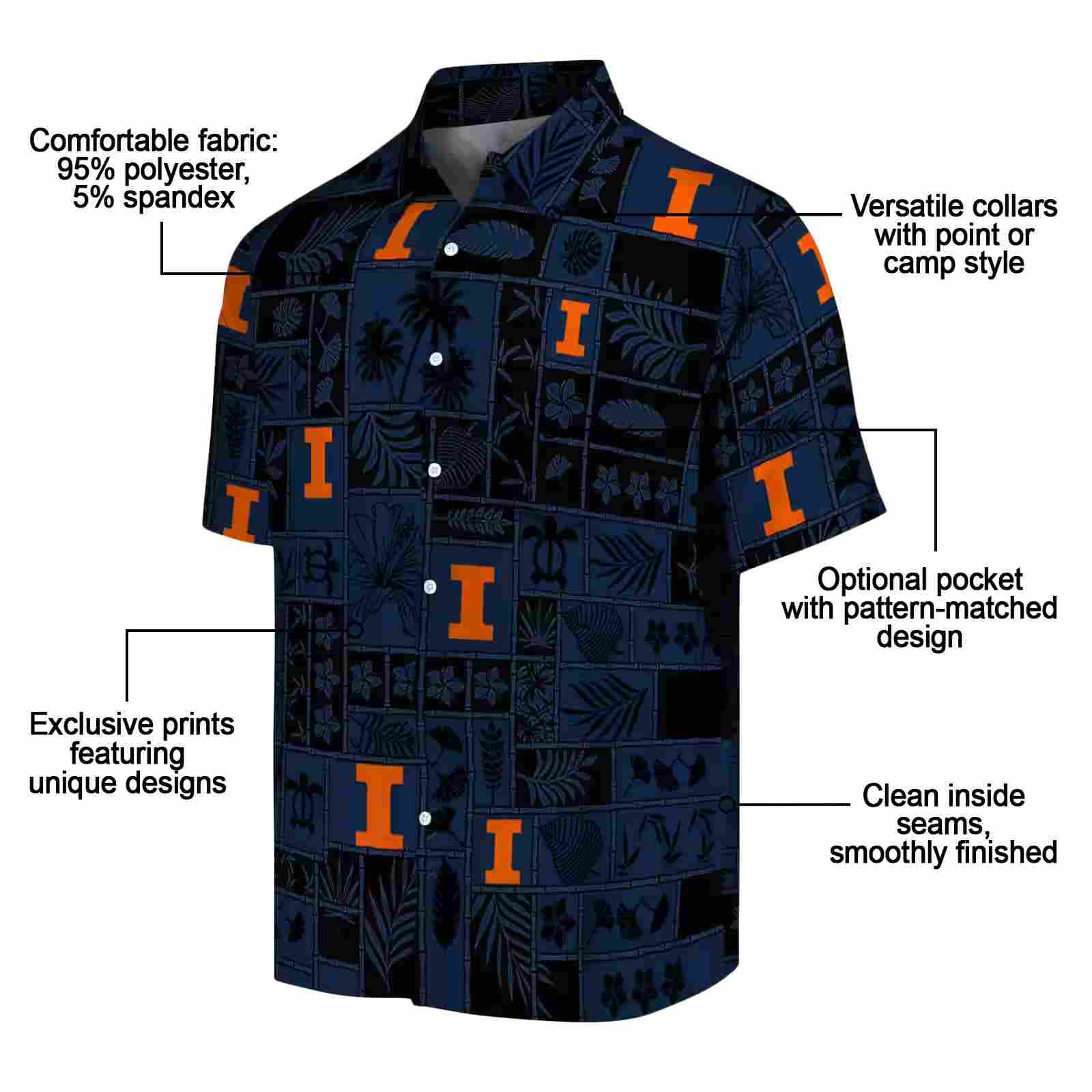 illinois fighting illini tropical patchwork blue black hawaiian shirt new arrival