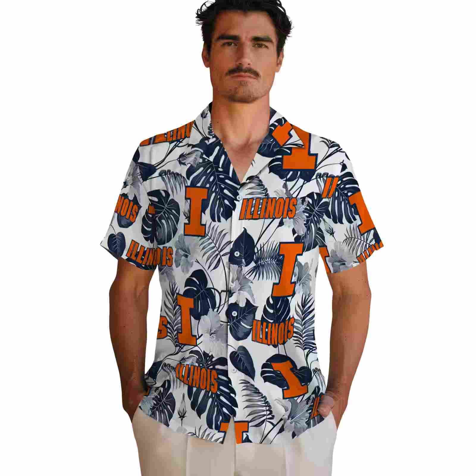 illinois fighting illini tropical plants blue white hawaiian shirt fashion forward