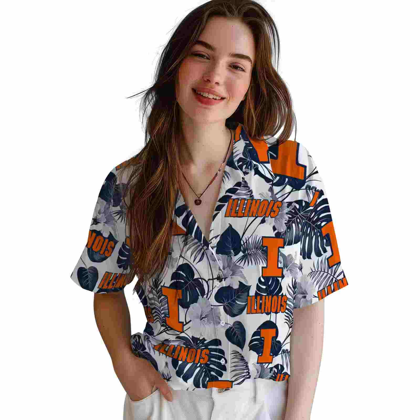 illinois fighting illini tropical plants blue white hawaiian shirt latest model