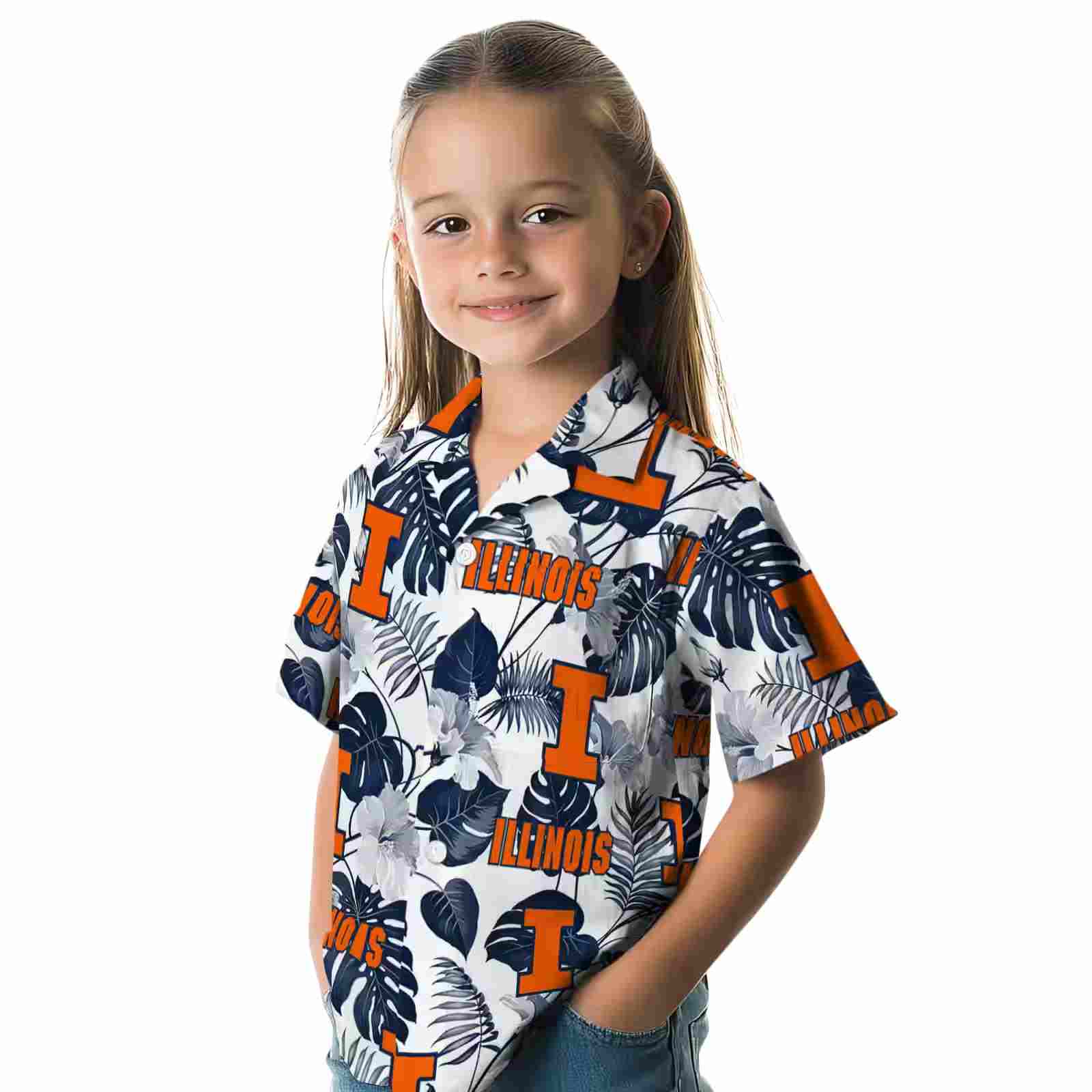 illinois fighting illini tropical plants blue white hawaiian shirt premium grade