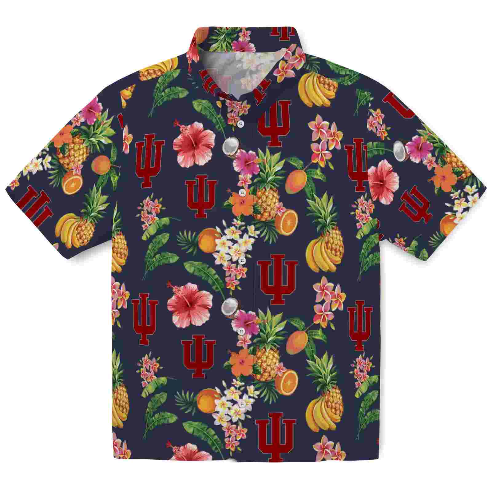 Indiana Hoosiers Hibiscus And Fruit Navy Blue Hawaiian Shirt