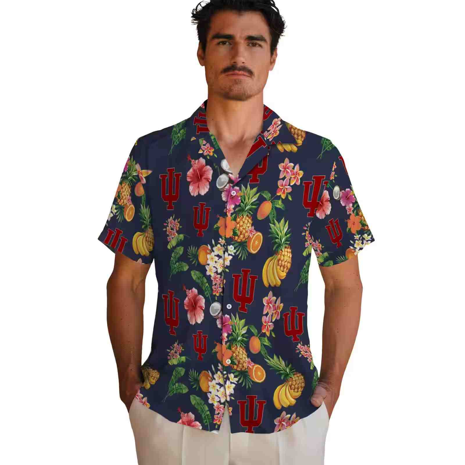 indiana hoosiers hibiscus and fruit navy blue hawaiian shirt fashion forward