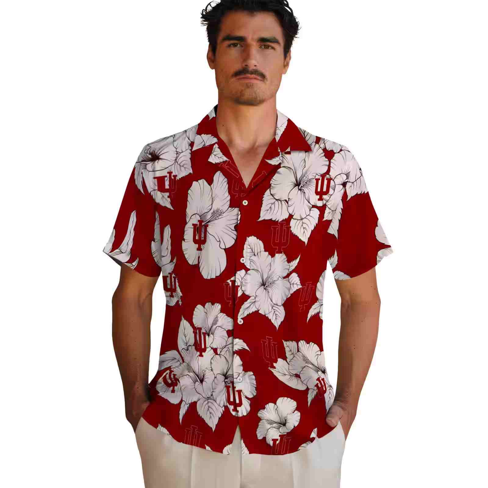 indiana hoosiers hibiscus blooms red white hawaiian shirt fashion forward