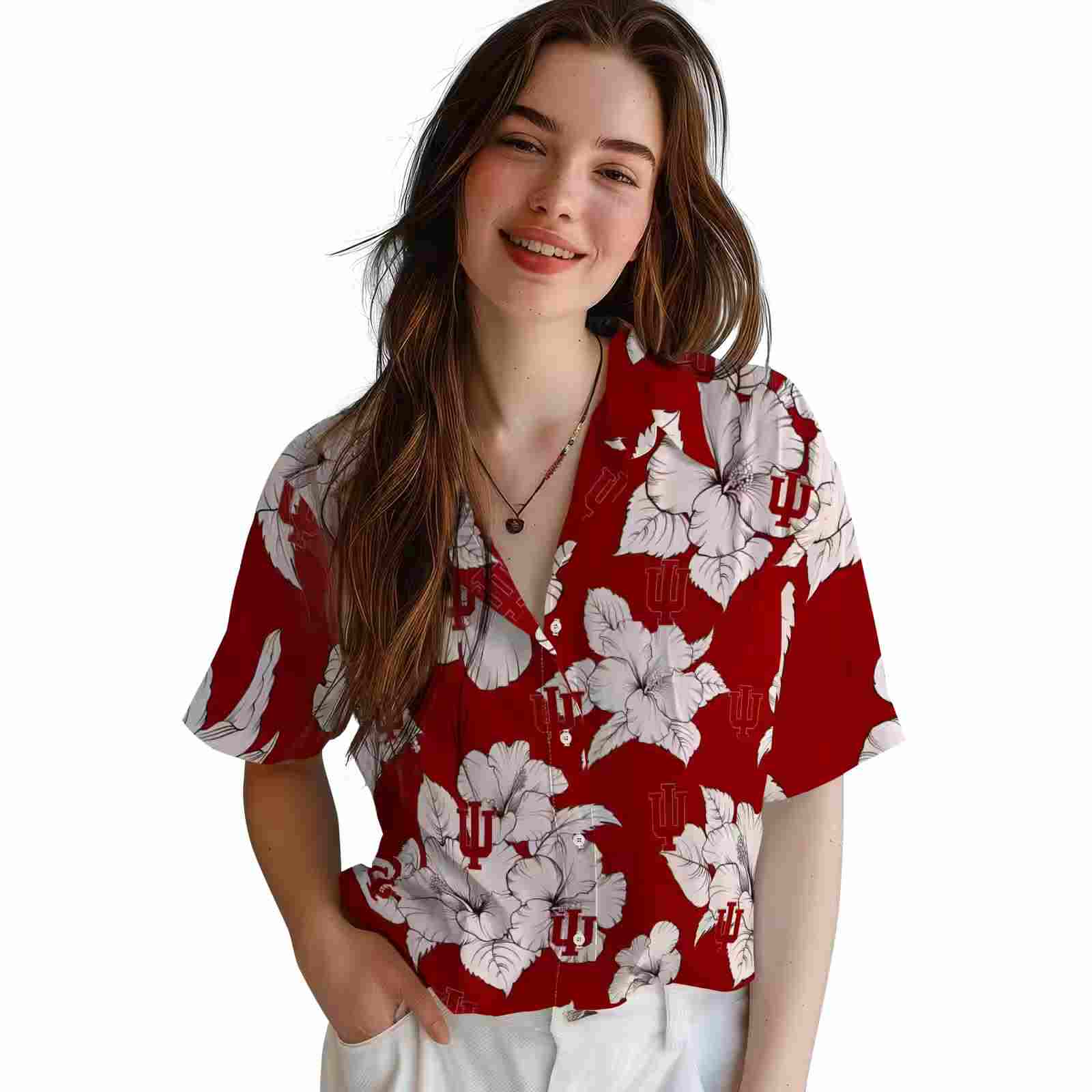 indiana hoosiers hibiscus blooms red white hawaiian shirt latest model