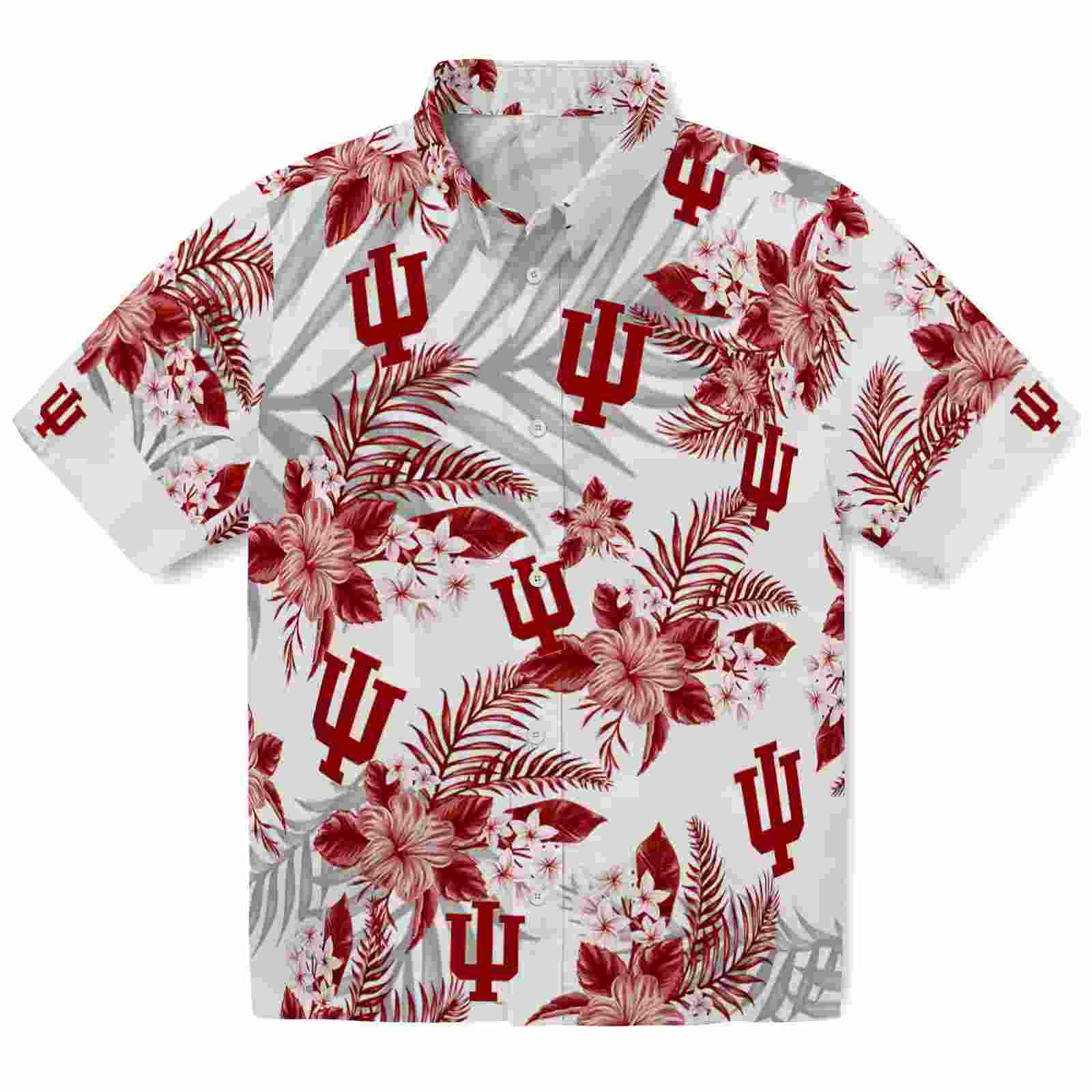 Indiana Hoosiers Hibiscus Palm Leaves Red White Hawaiian Shirt