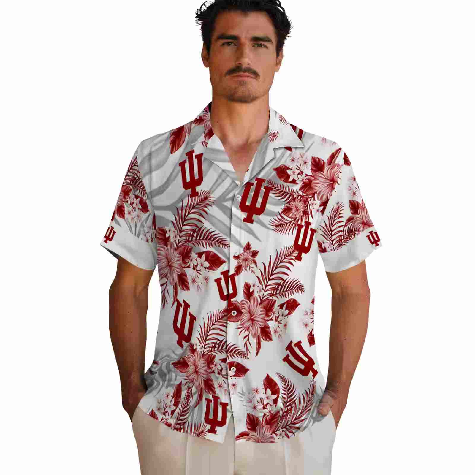 indiana hoosiers hibiscus palm leaves red white hawaiian shirt fashion forward