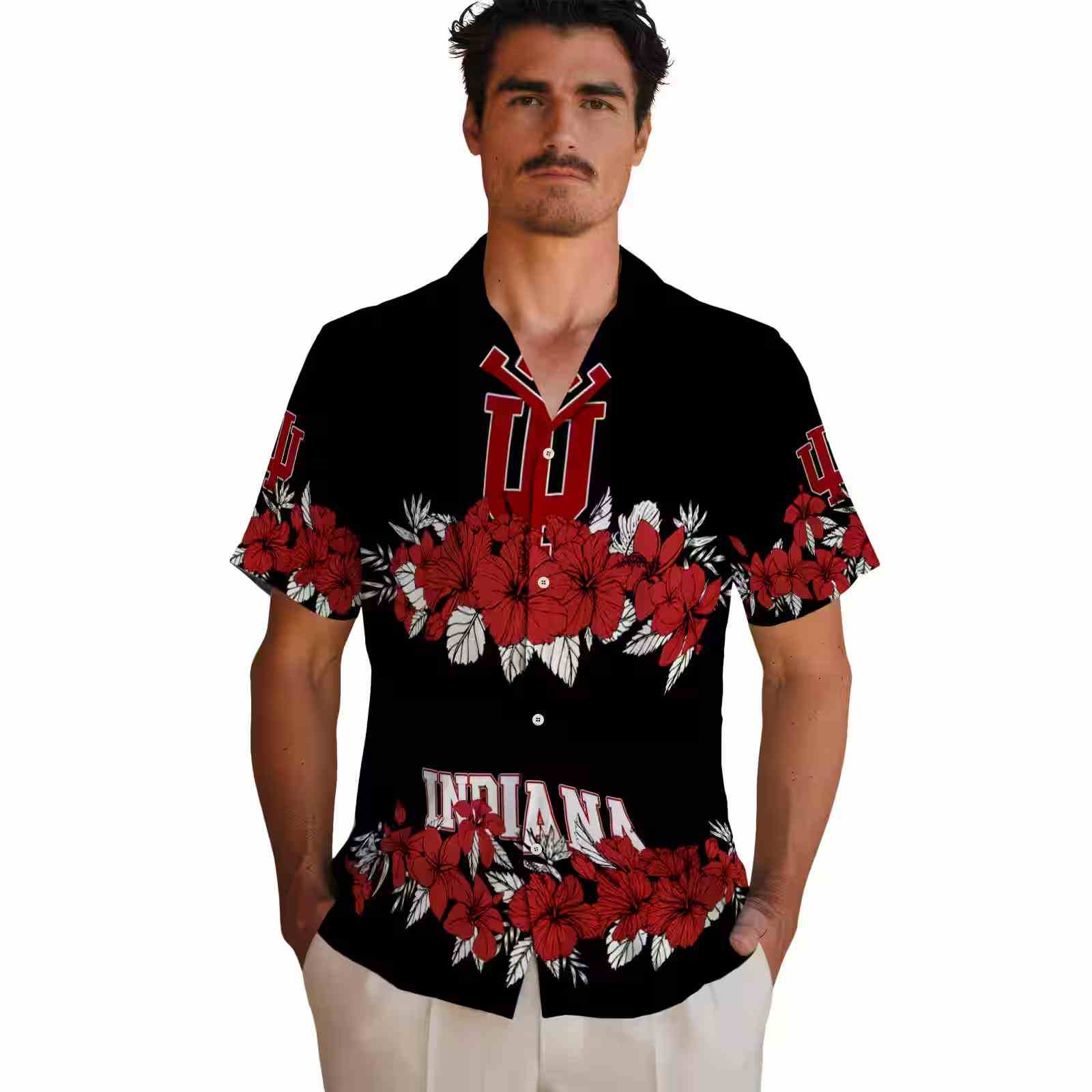 indiana hoosiers hibiscus stripe red black hawaiian shirt fashion forward