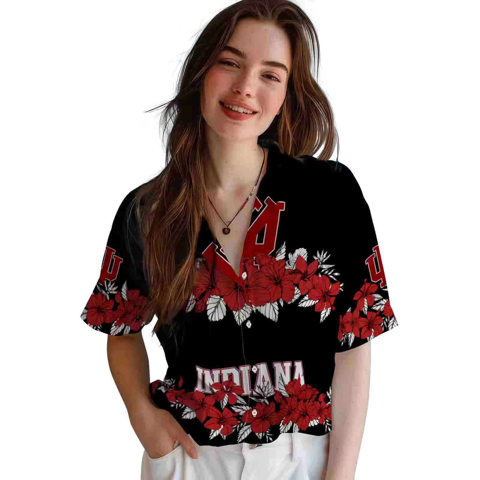 indiana hoosiers hibiscus stripe red black hawaiian shirt latest model