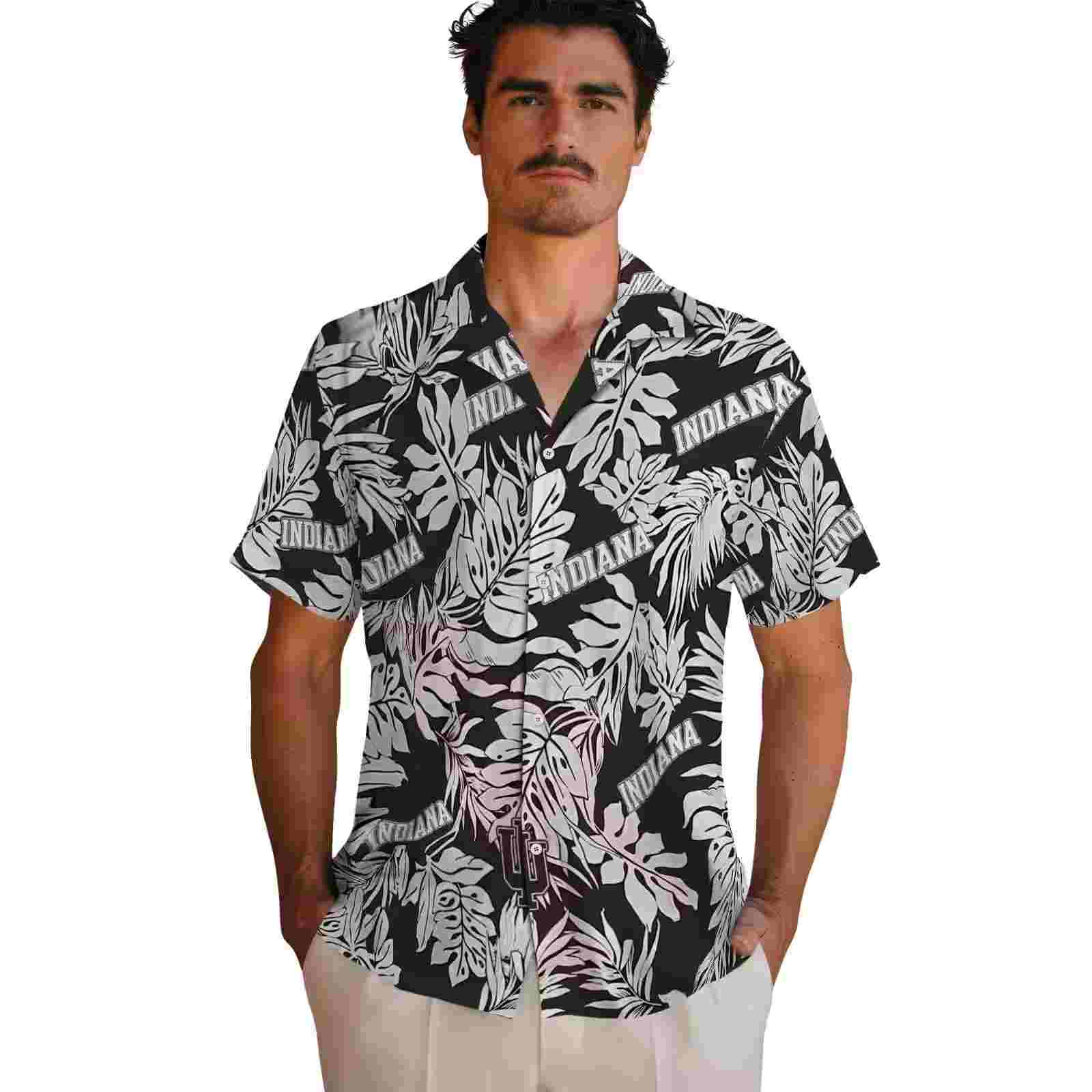 indiana hoosiers monstera leaf pattern black hawaiian shirt fashion forward