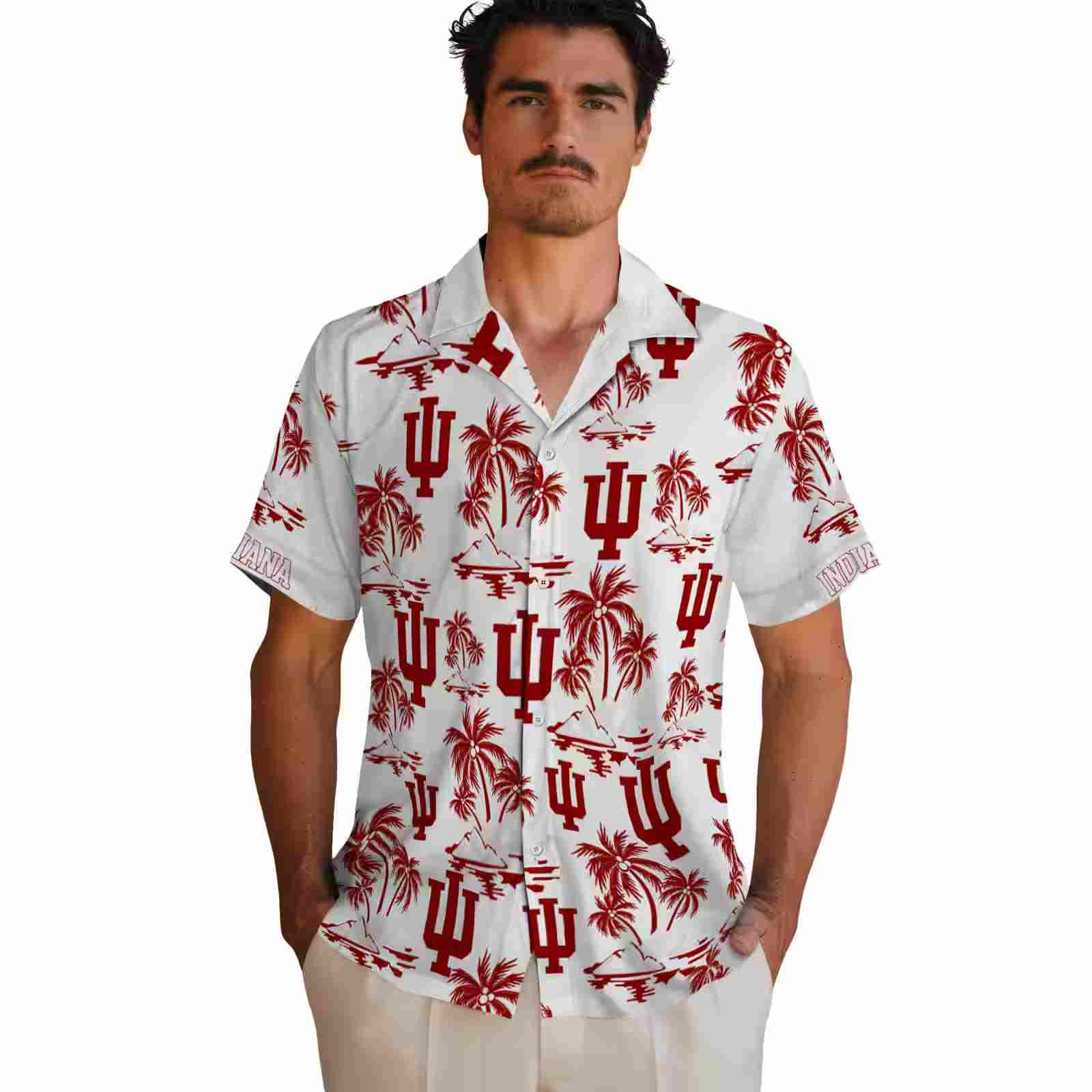 indiana hoosiers palm island print red white hawaiian shirt fashion forward