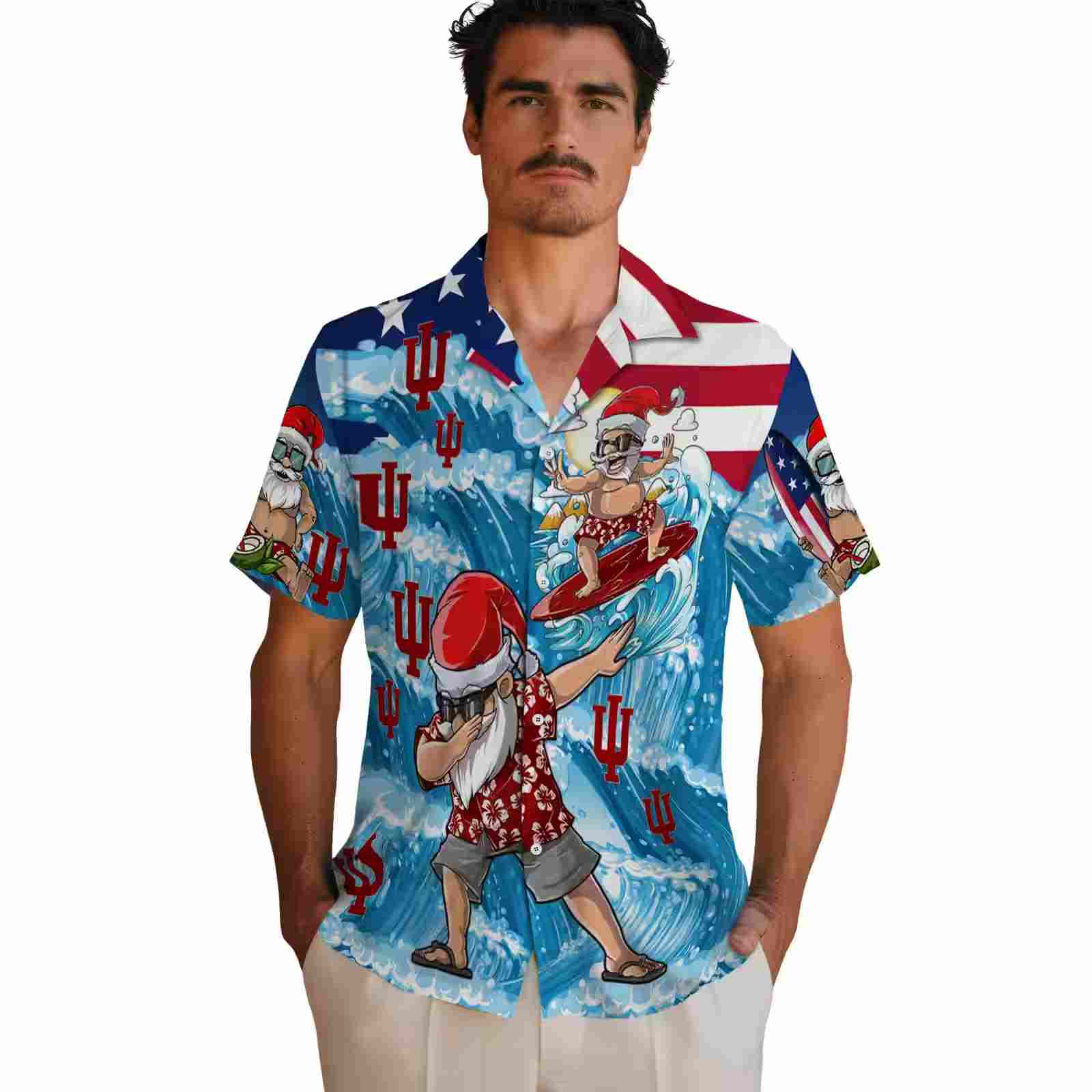 indiana hoosiers surfing santa blue hawaiian shirt fashion forward