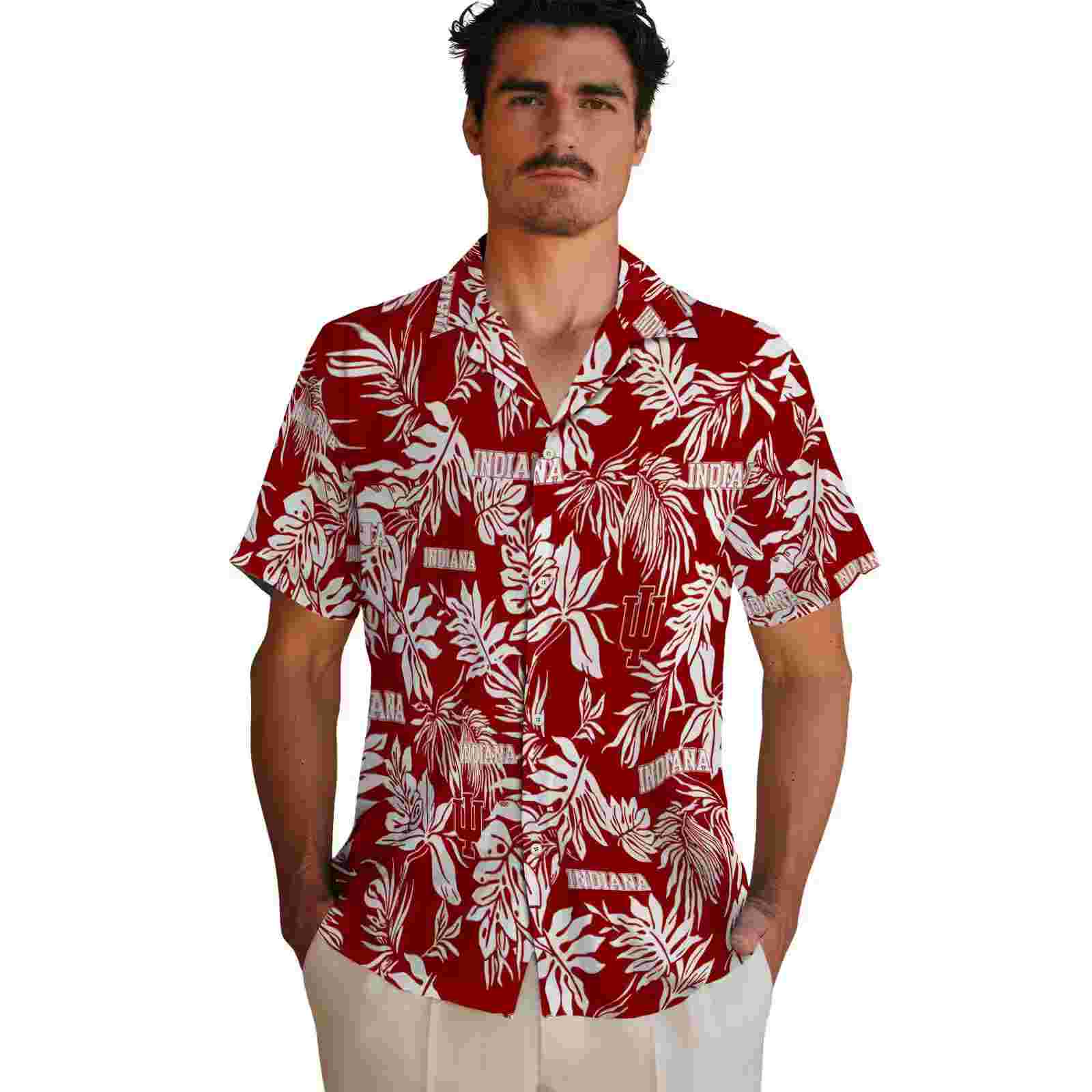 indiana hoosiers tropical leaf red white hawaiian shirt fashion forward