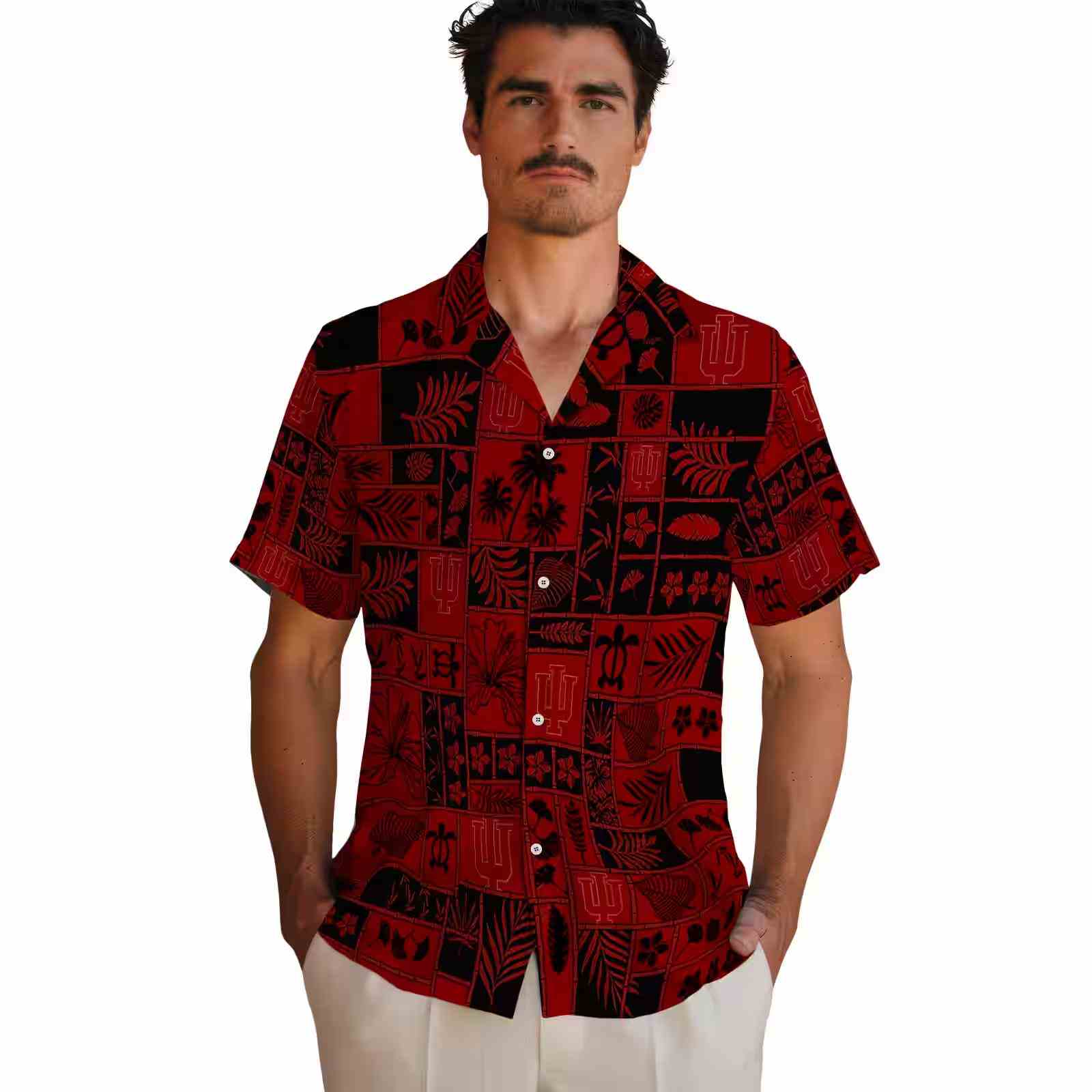 indiana hoosiers tropical patchwork red black hawaiian shirt fashion forward