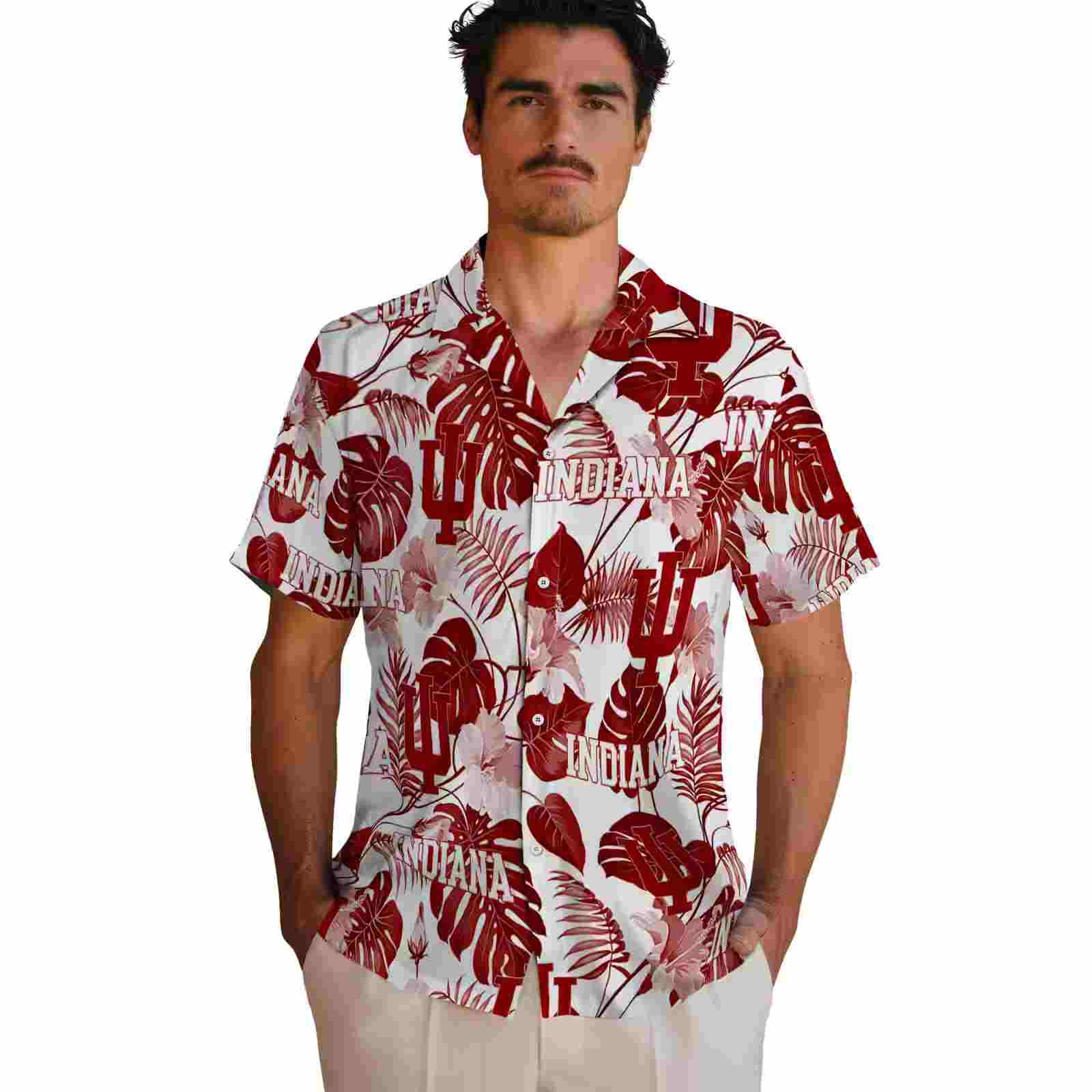 indiana hoosiers tropical plants red white hawaiian shirt fashion forward