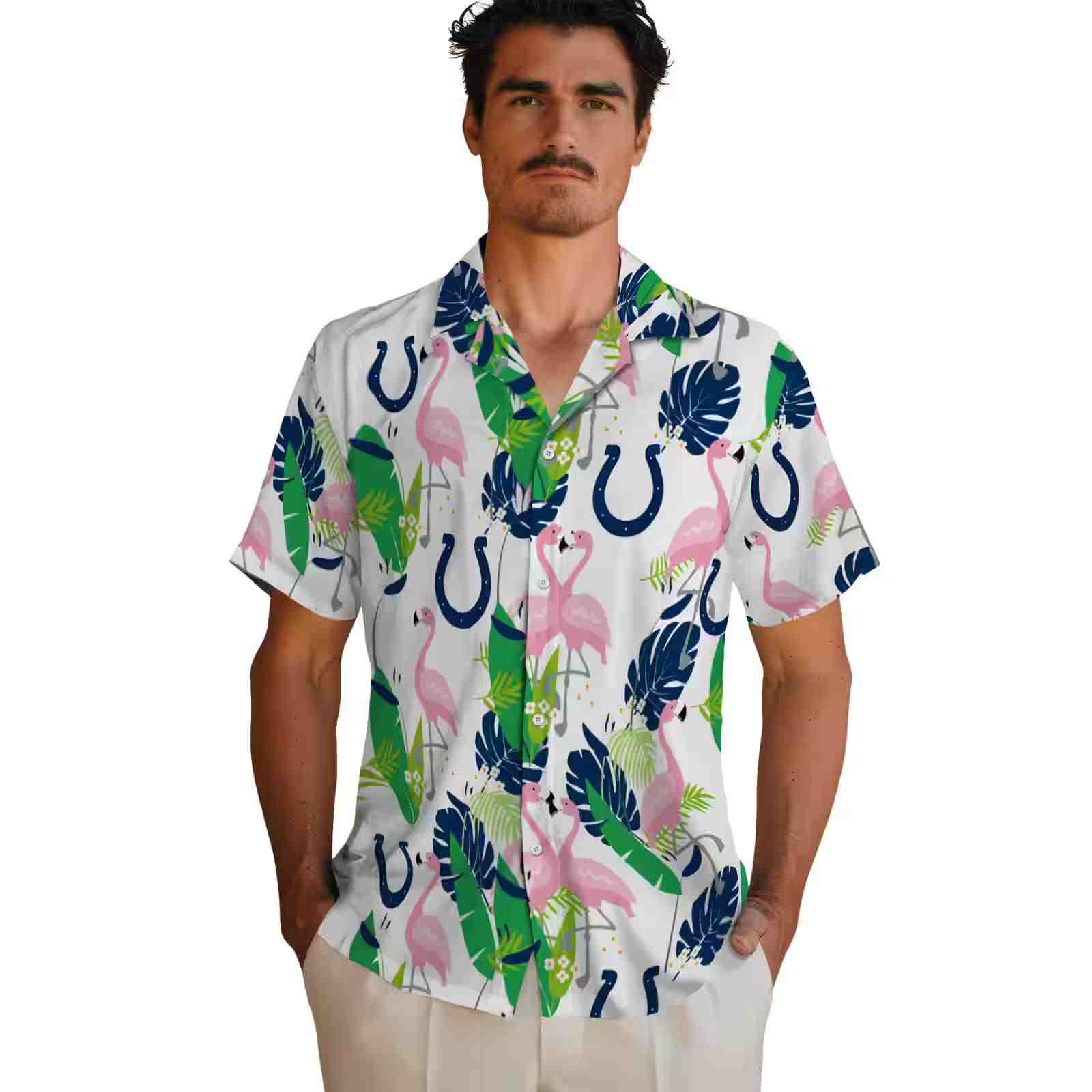 indianapolis colts flamingo foliage blue green hawaiian shirt fashion forward