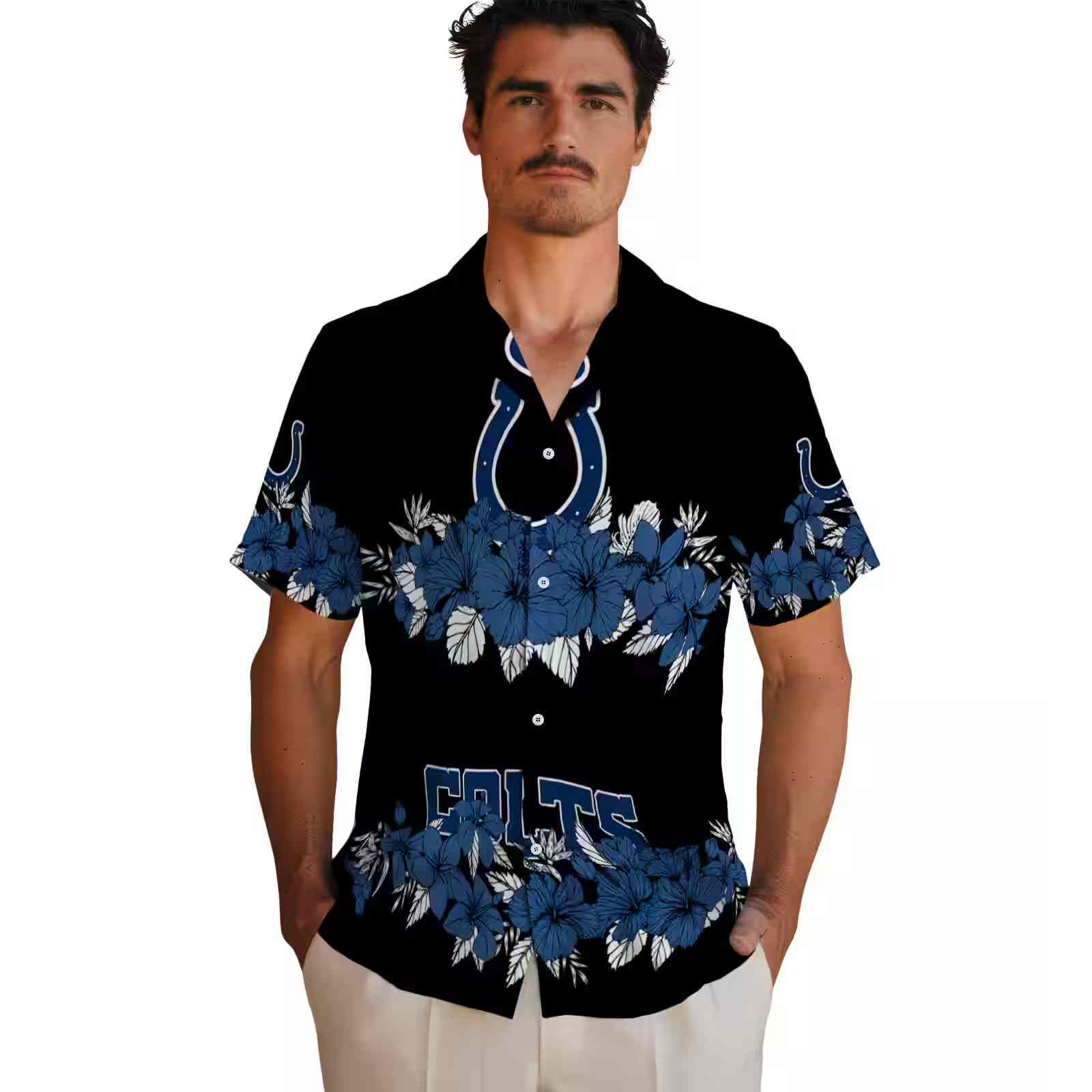 indianapolis colts hibiscus stripe blue black hawaiian shirt fashion forward