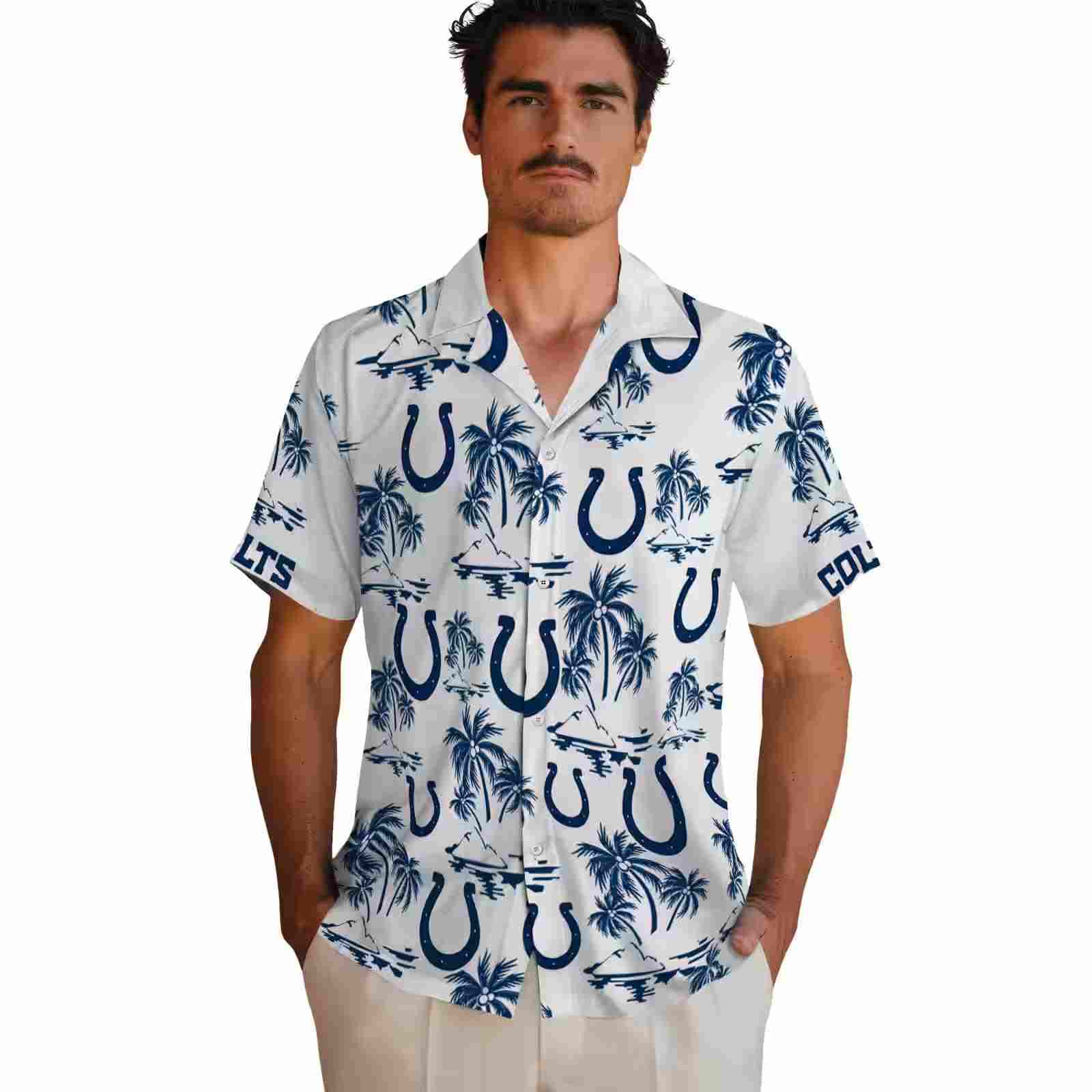 indianapolis colts palm island print blue white hawaiian shirt fashion forward