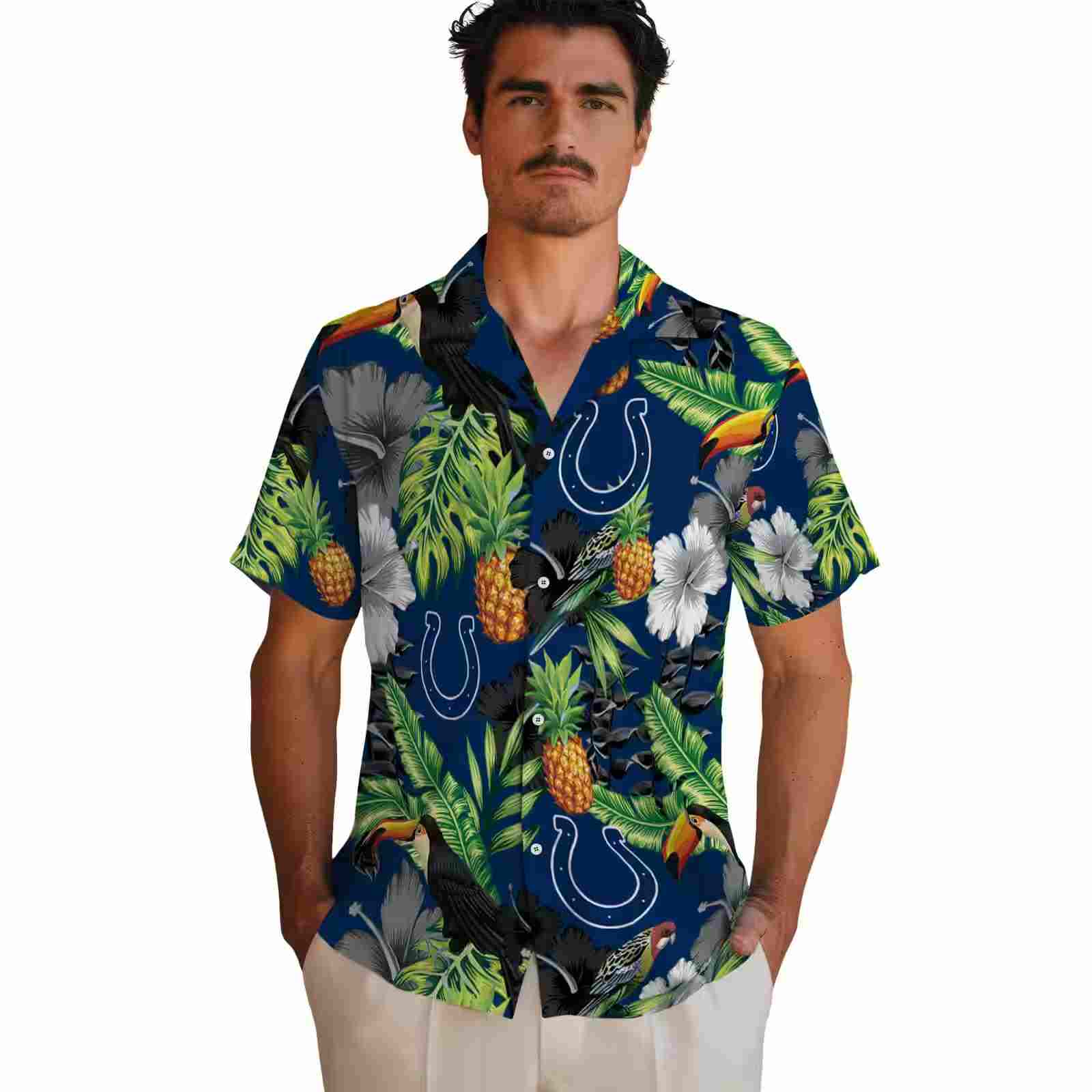 indianapolis colts toucan hibiscus pineapple blue green hawaiian shirt fashion forward