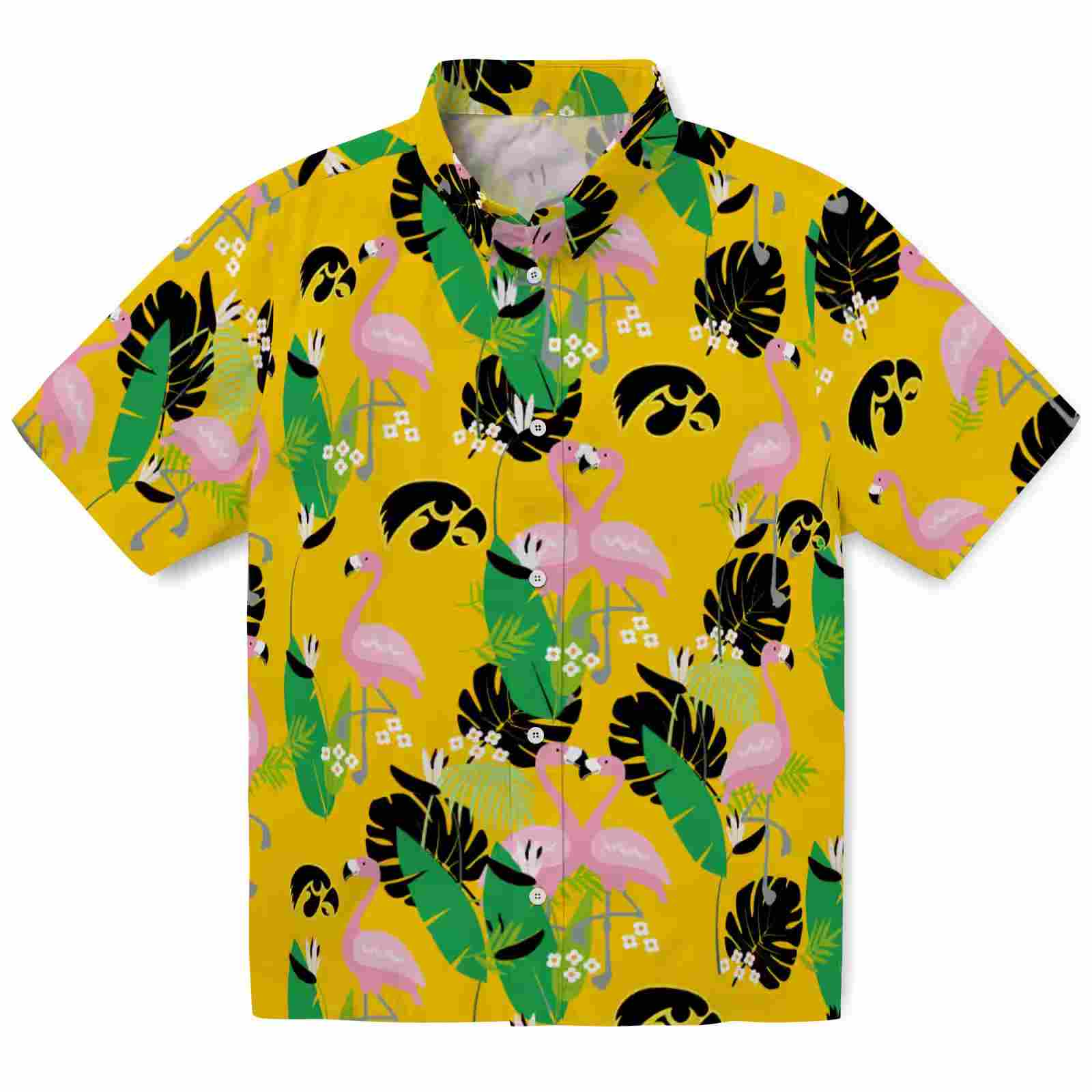 Iowa Hawkeyes Flamingo Foliage Black Green Hawaiian Shirt