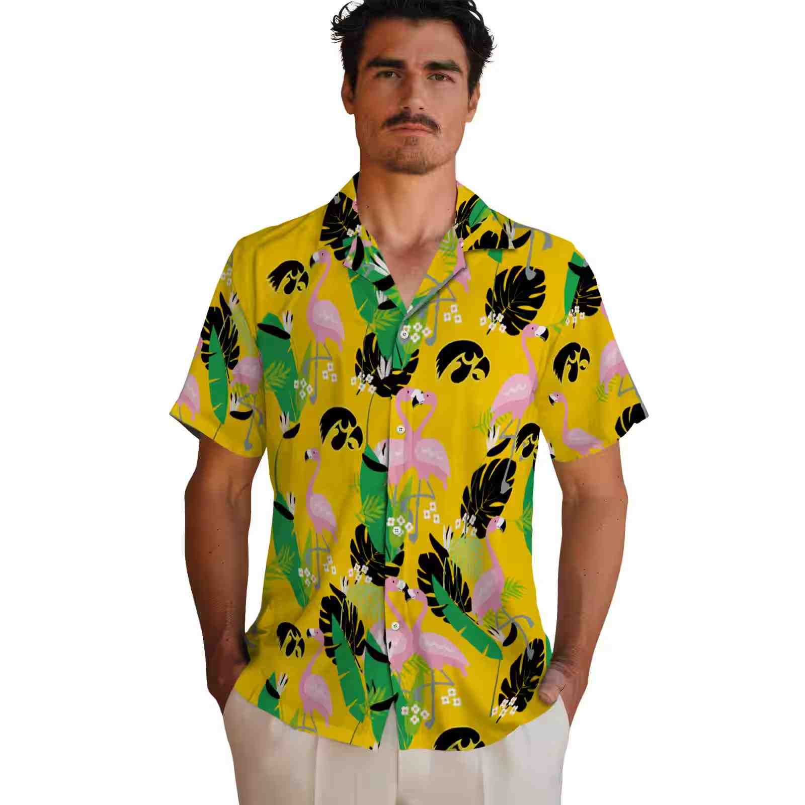 iowa hawkeyes flamingo foliage black green hawaiian shirt fashion forward