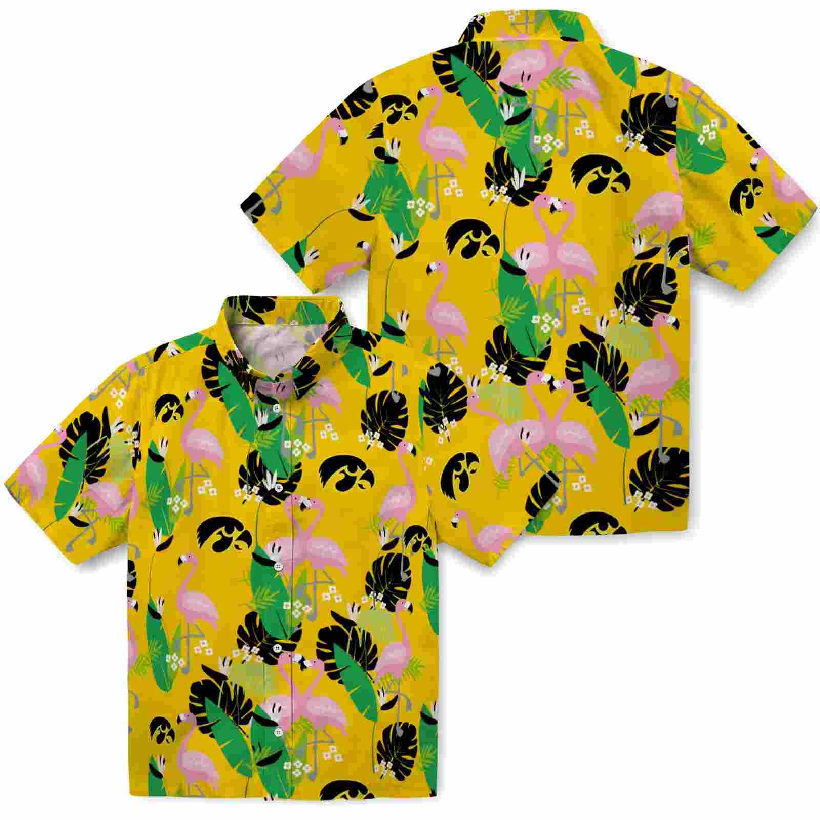 iowa hawkeyes flamingo foliage black green hawaiian shirt high quality