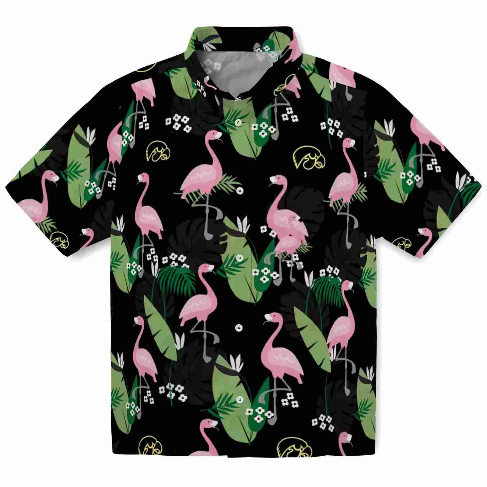 Iowa Hawkeyes Flamingo Leaf Motif Black Hawaiian Shirt