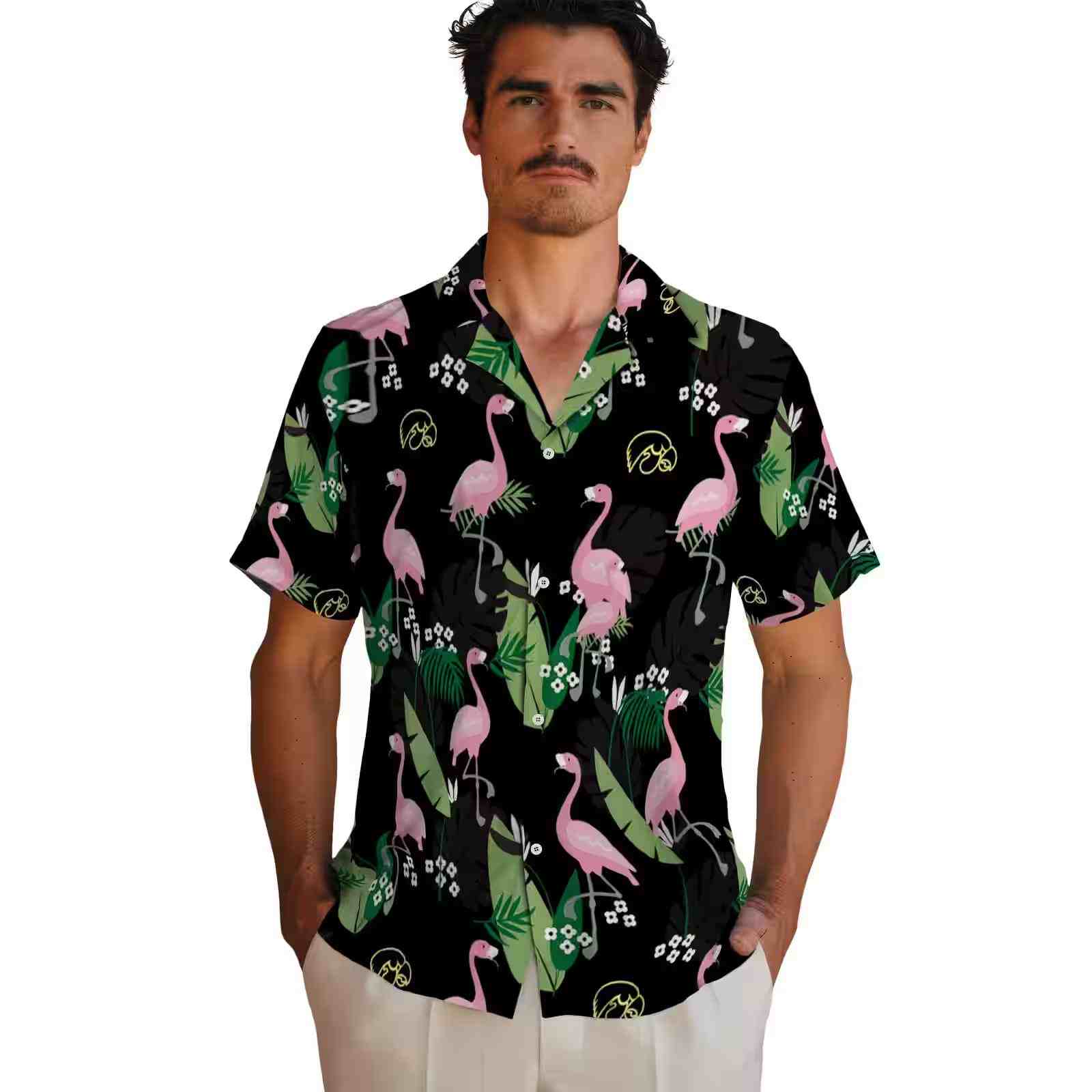 iowa hawkeyes flamingo leaf motif black hawaiian shirt fashion forward