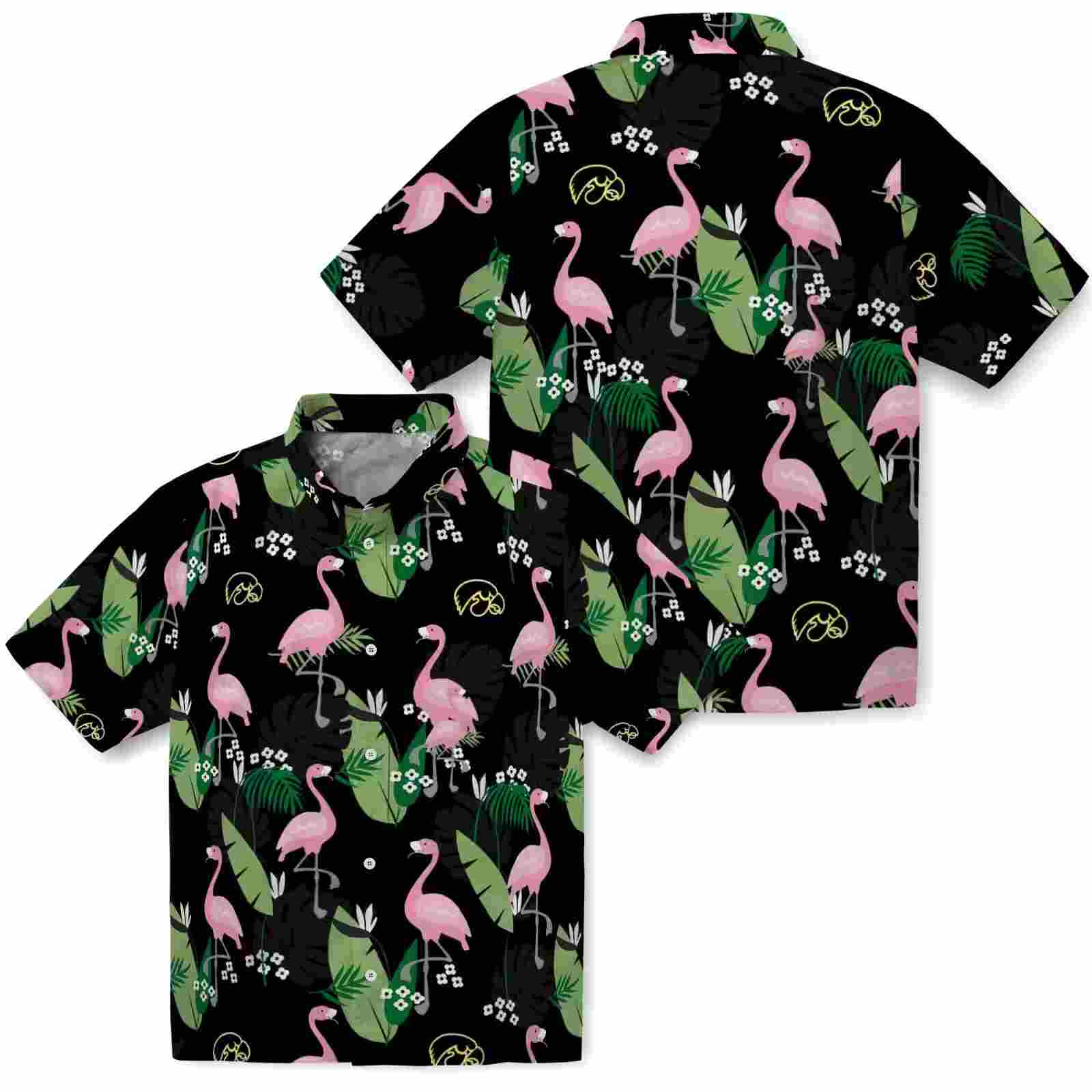 iowa hawkeyes flamingo leaf motif black hawaiian shirt high quality