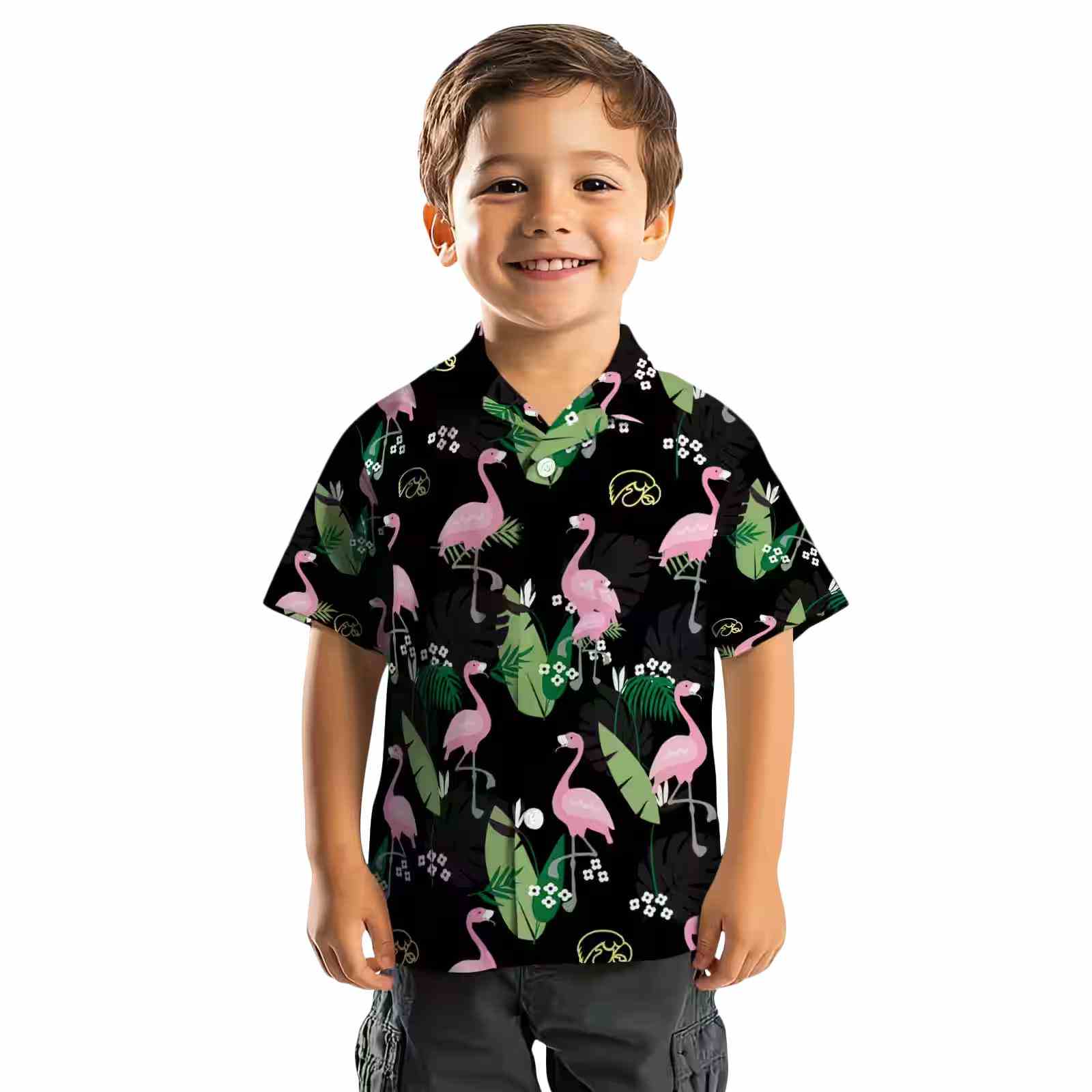 iowa hawkeyes flamingo leaf motif black hawaiian shirt top rated