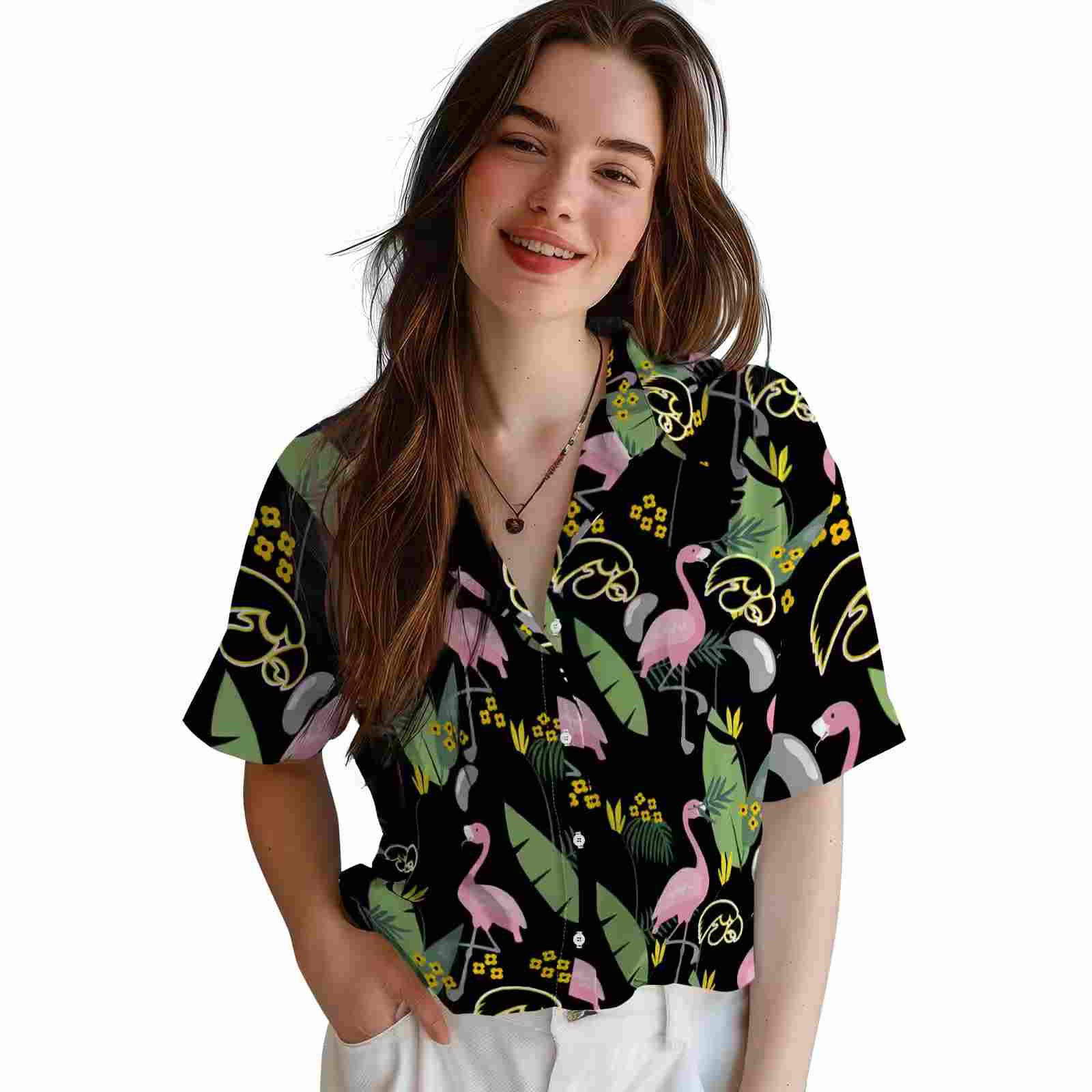 iowa hawkeyes flamingo leaves black hawaiian shirt latest model