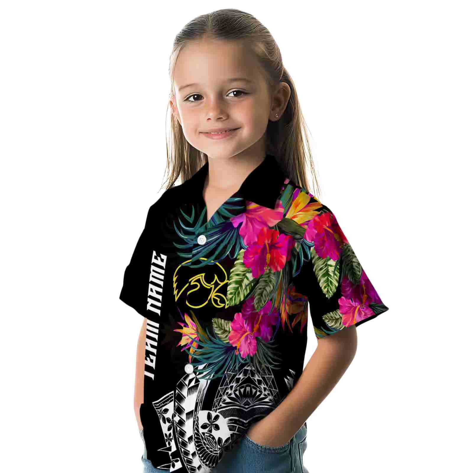 iowa hawkeyes floral polynesian black hawaiian shirt premium grade