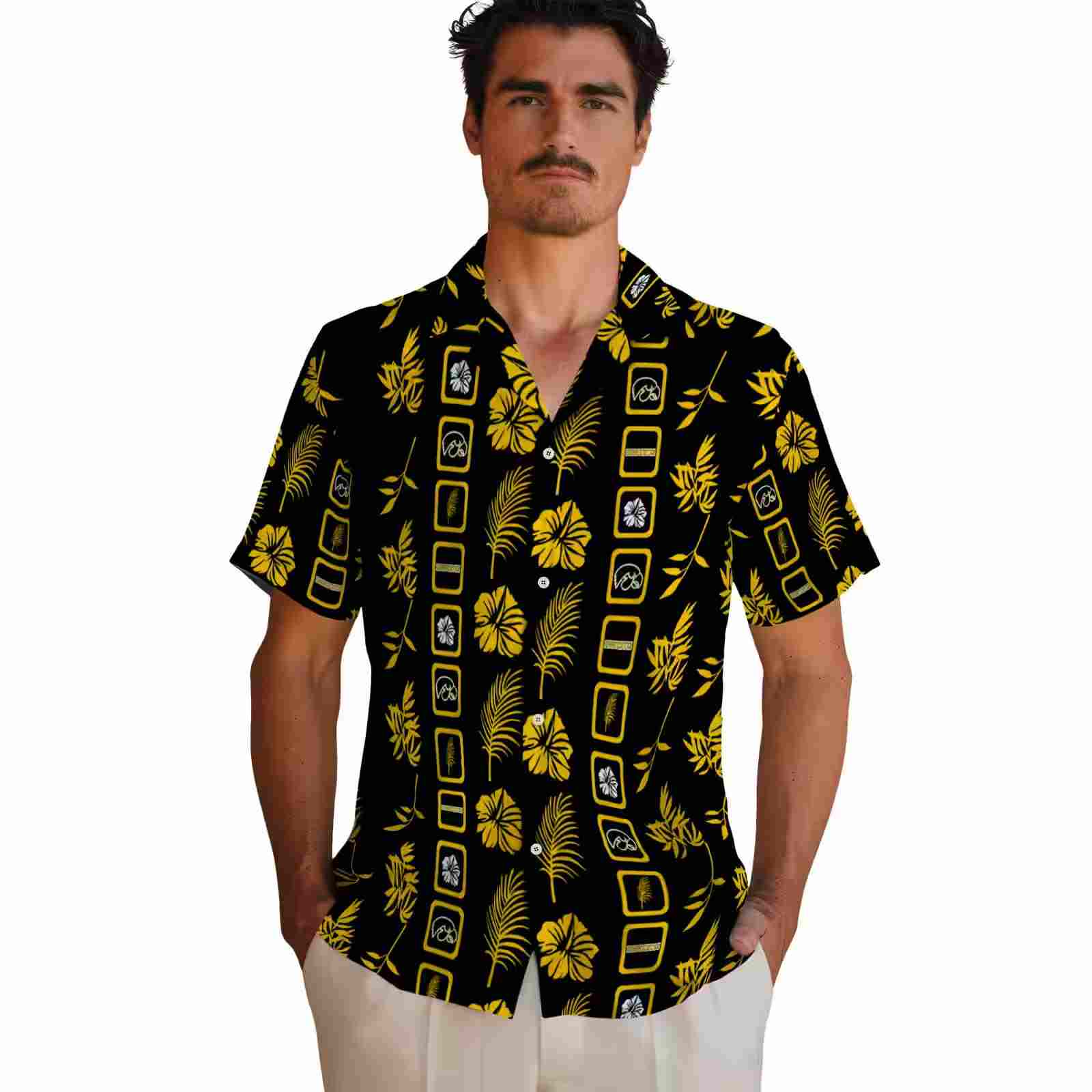 iowa hawkeyes framed floral black hawaiian shirt fashion forward