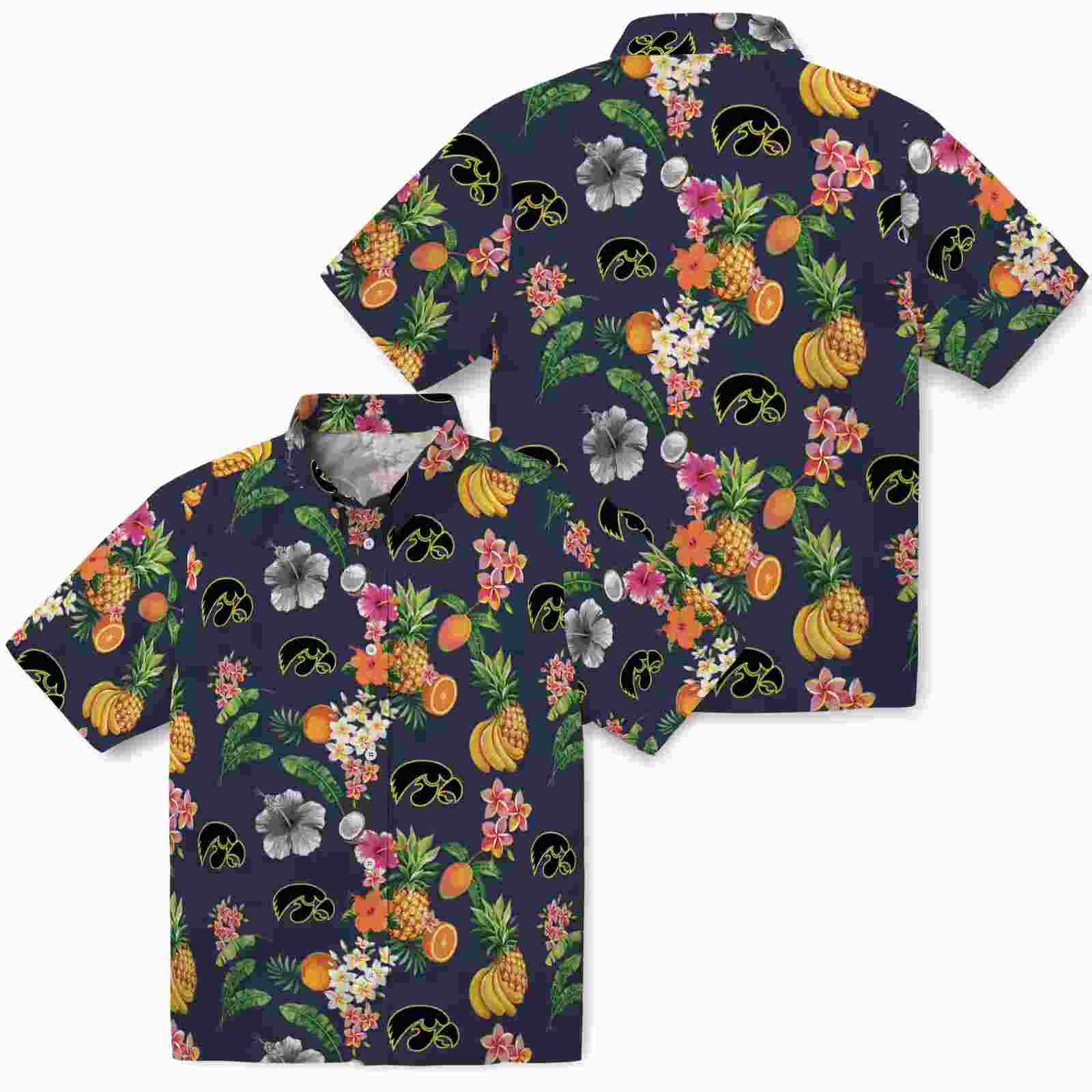 iowa hawkeyes hibiscus and fruit navy blue hawaiian shirt high quality