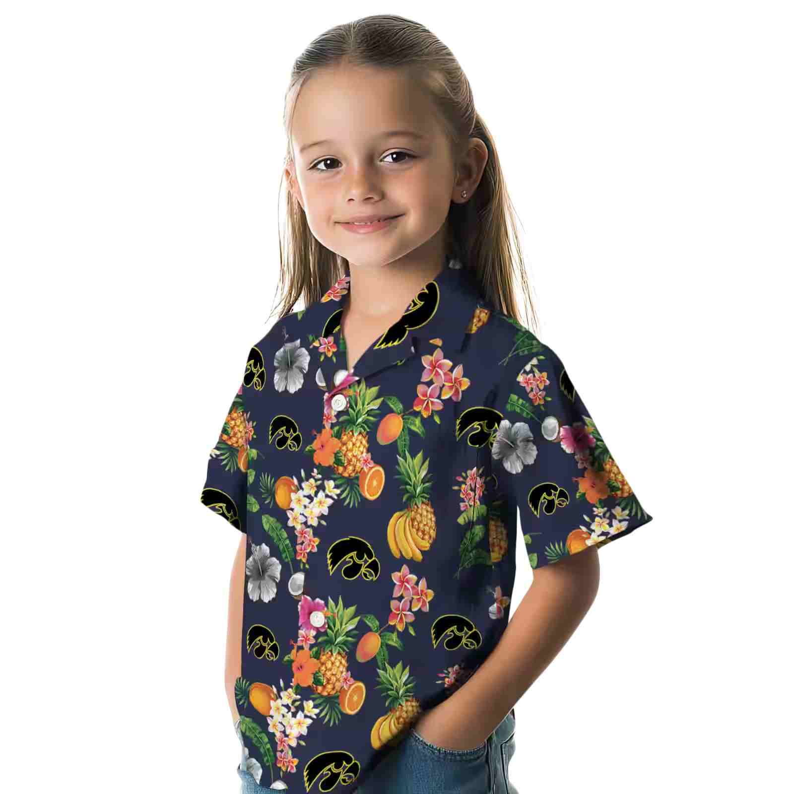 iowa hawkeyes hibiscus and fruit navy blue hawaiian shirt premium grade