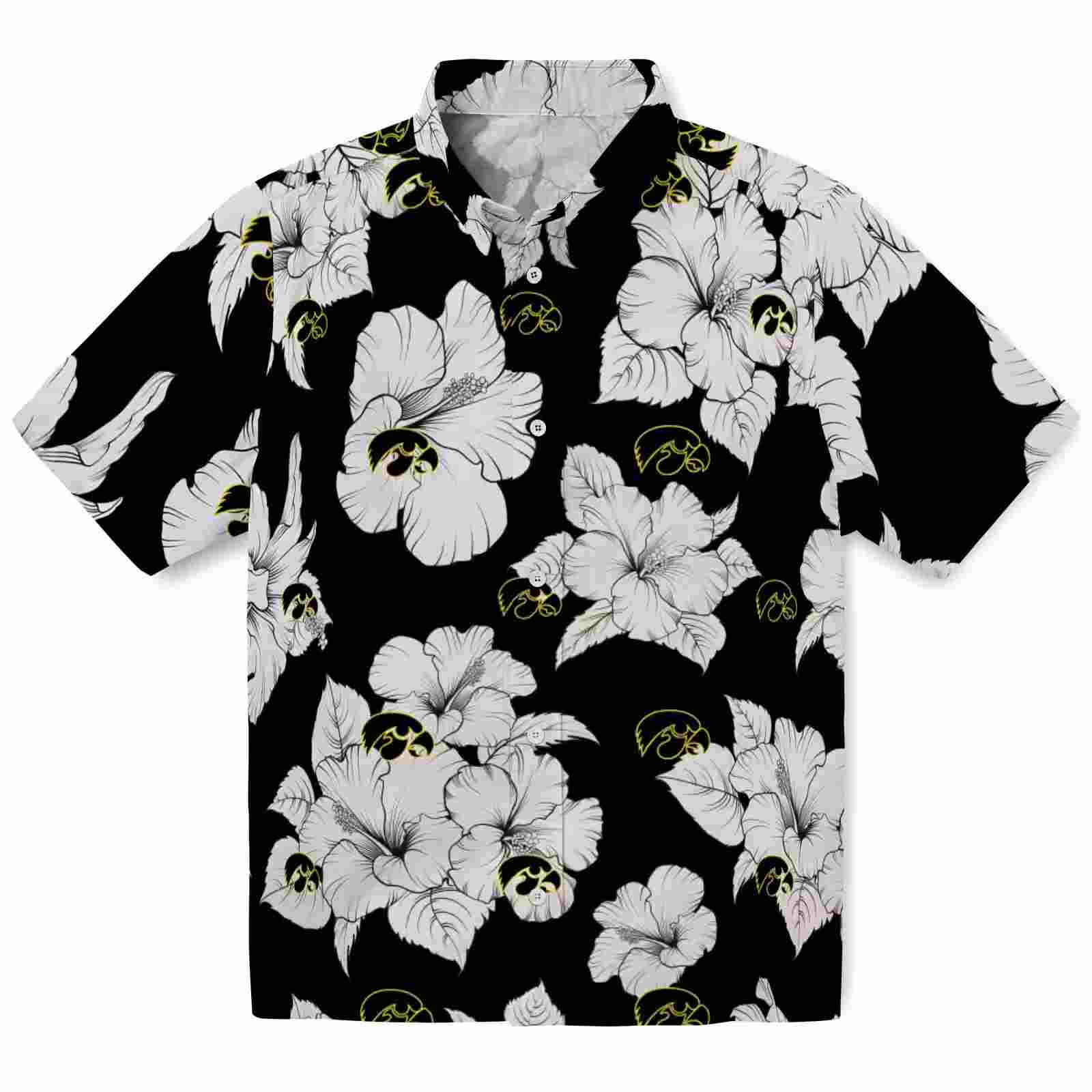 Iowa Hawkeyes Hibiscus Blooms Black White Hawaiian Shirt