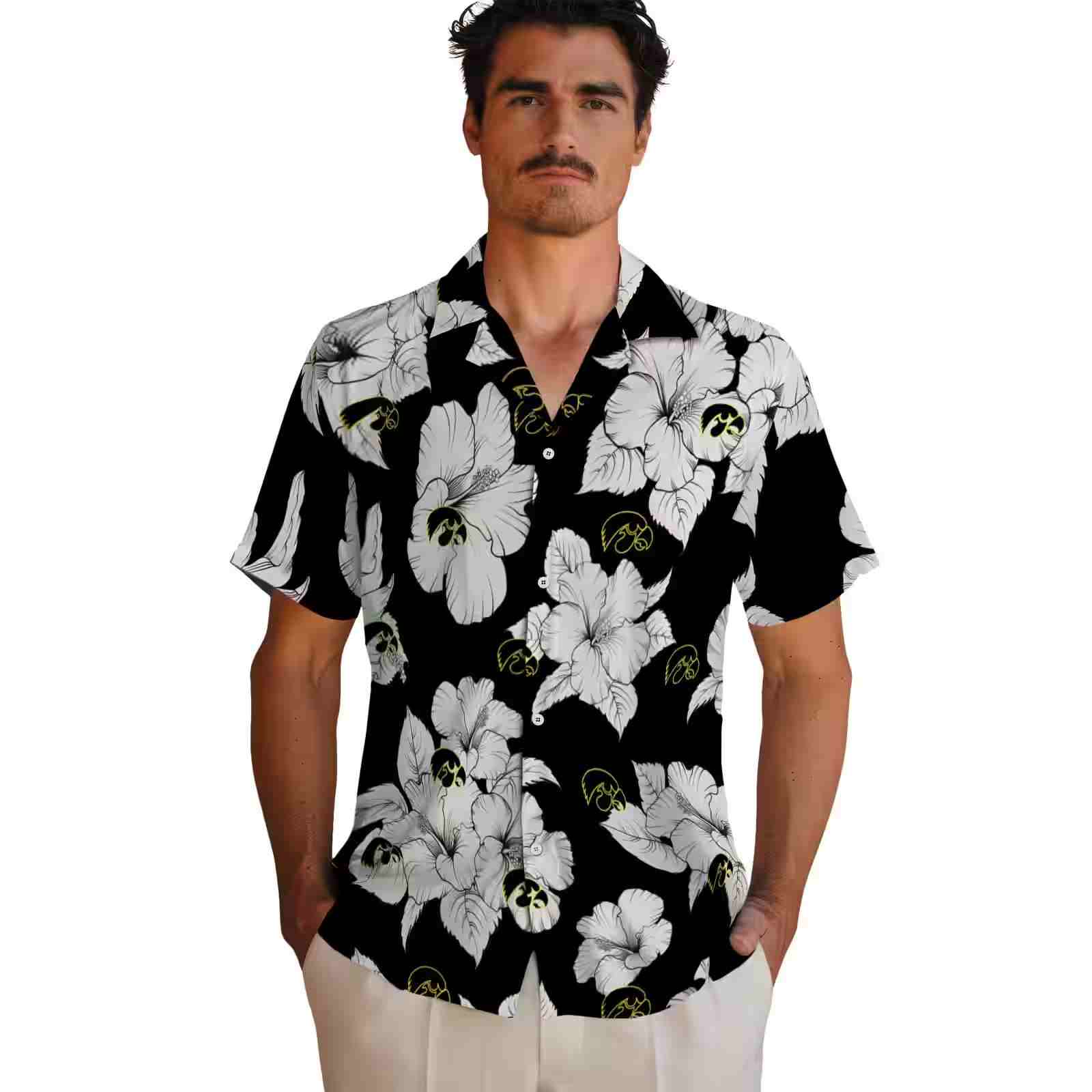 iowa hawkeyes hibiscus blooms black white hawaiian shirt fashion forward