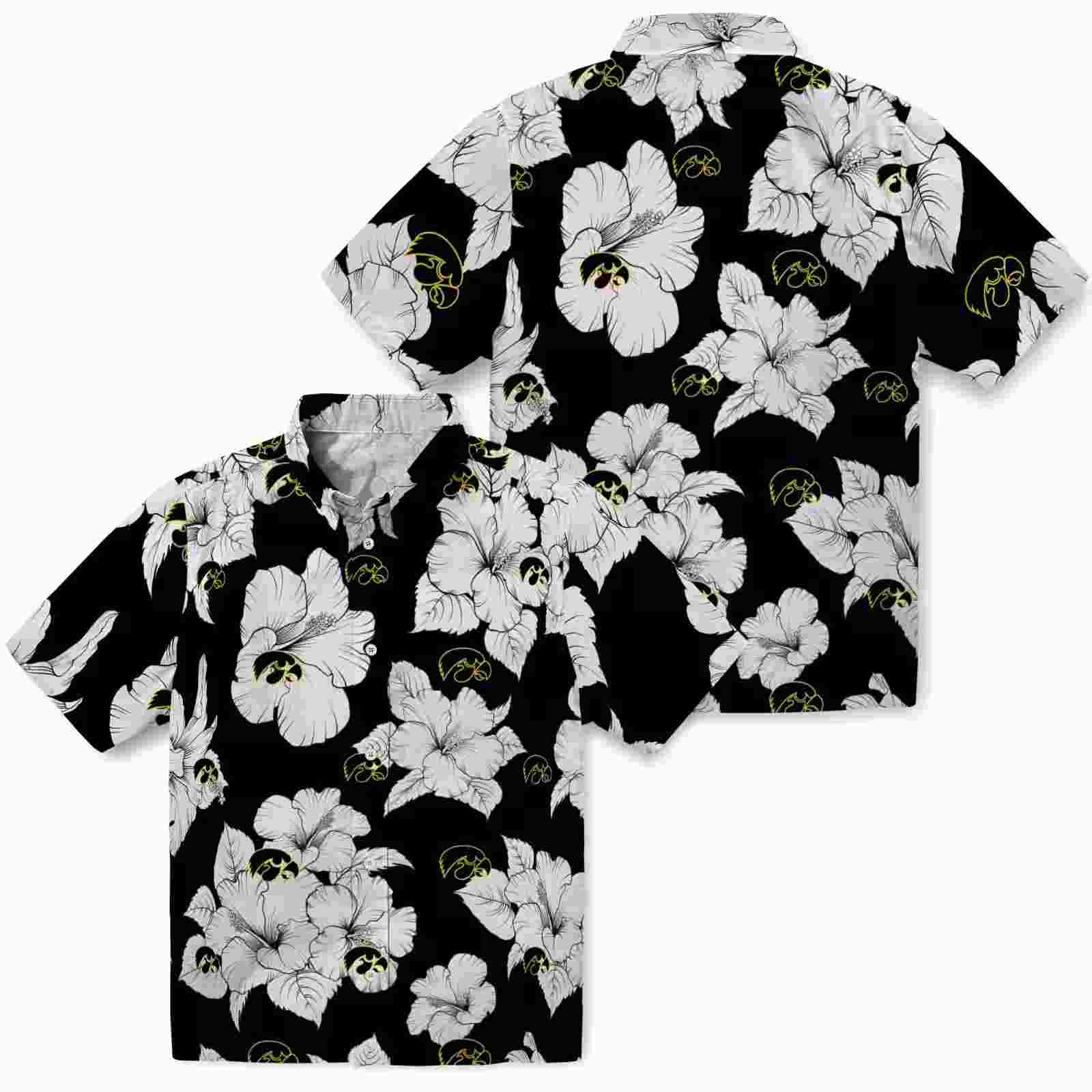 iowa hawkeyes hibiscus blooms black white hawaiian shirt high quality