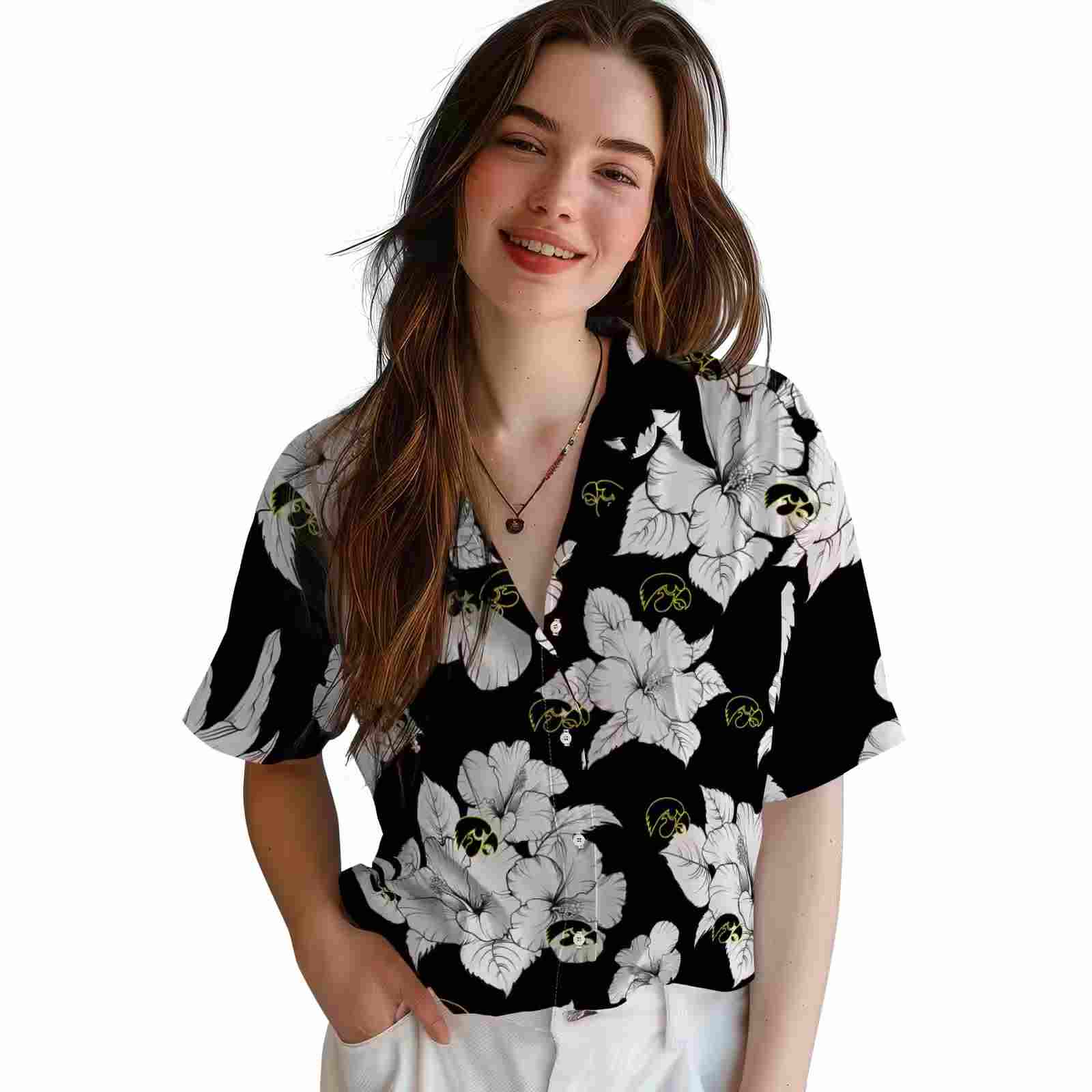 iowa hawkeyes hibiscus blooms black white hawaiian shirt latest model