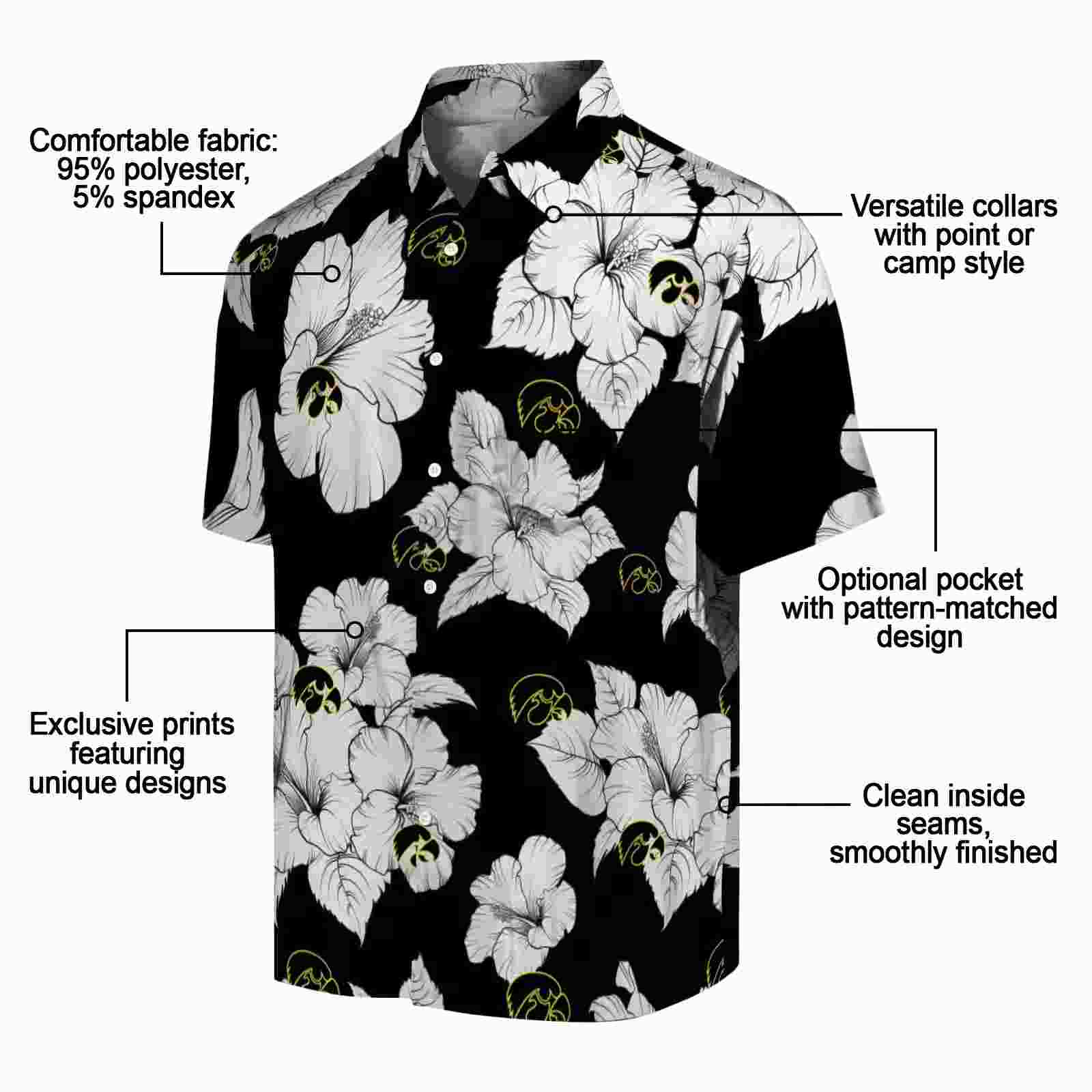 iowa hawkeyes hibiscus blooms black white hawaiian shirt new arrival