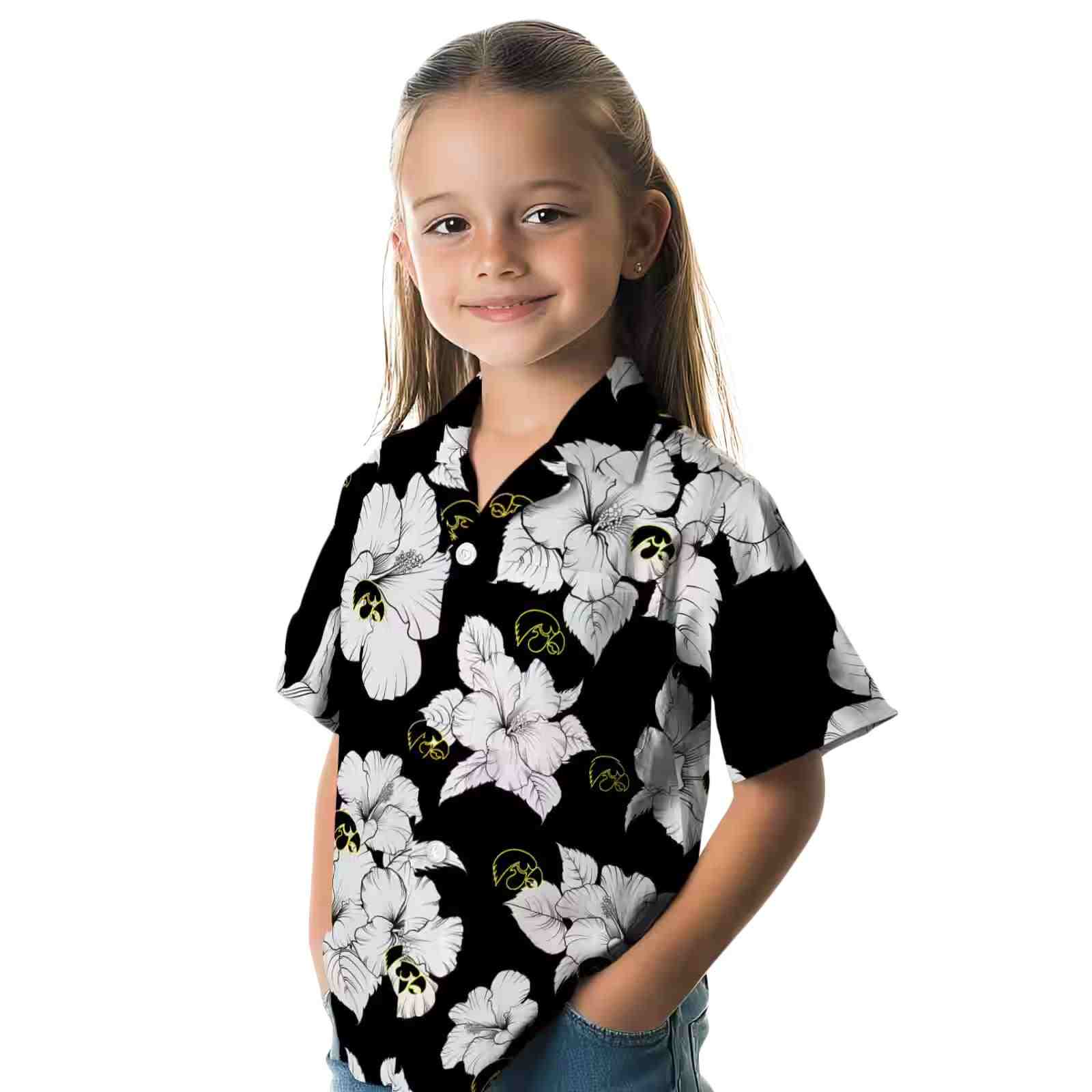 iowa hawkeyes hibiscus blooms black white hawaiian shirt premium grade