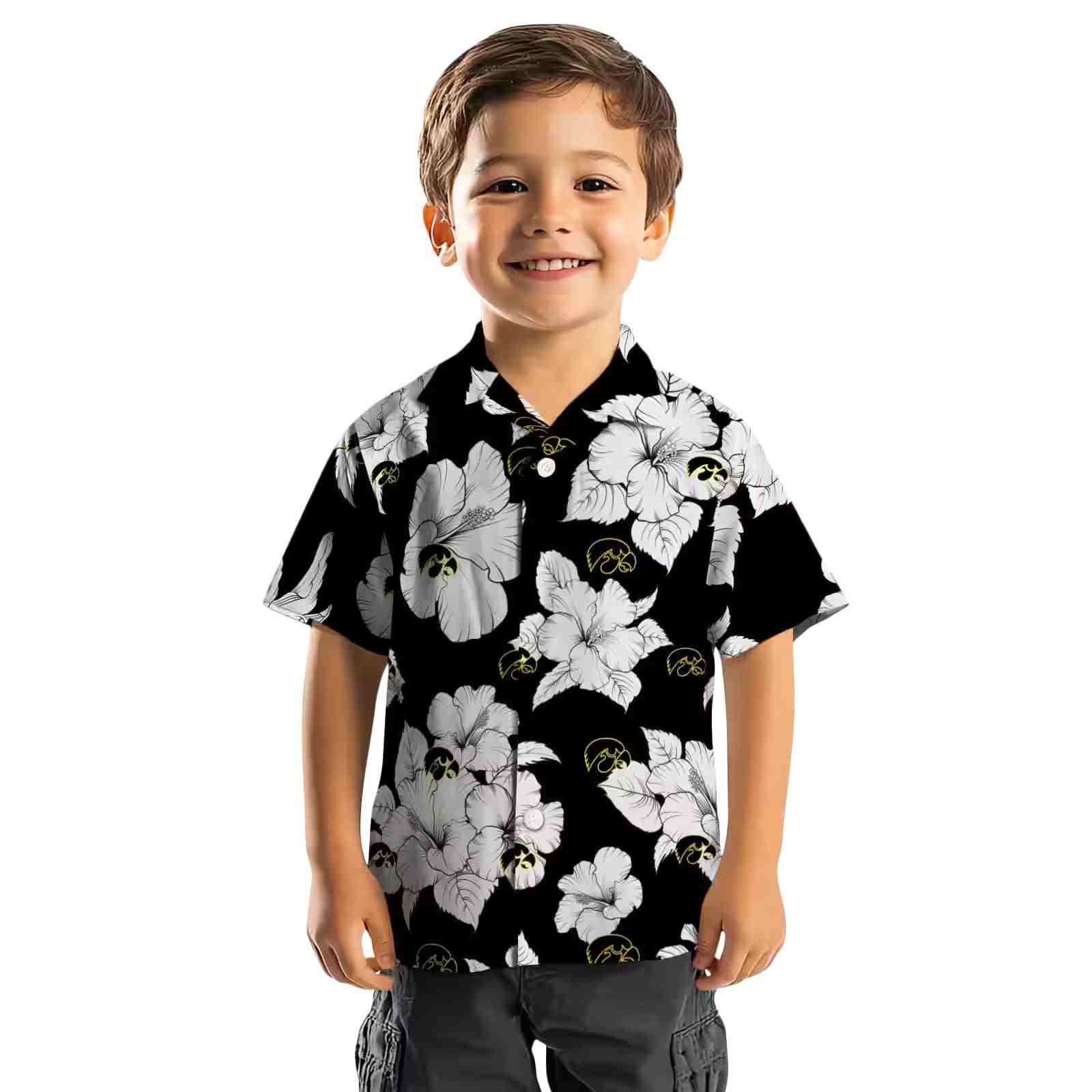 iowa hawkeyes hibiscus blooms black white hawaiian shirt top rated