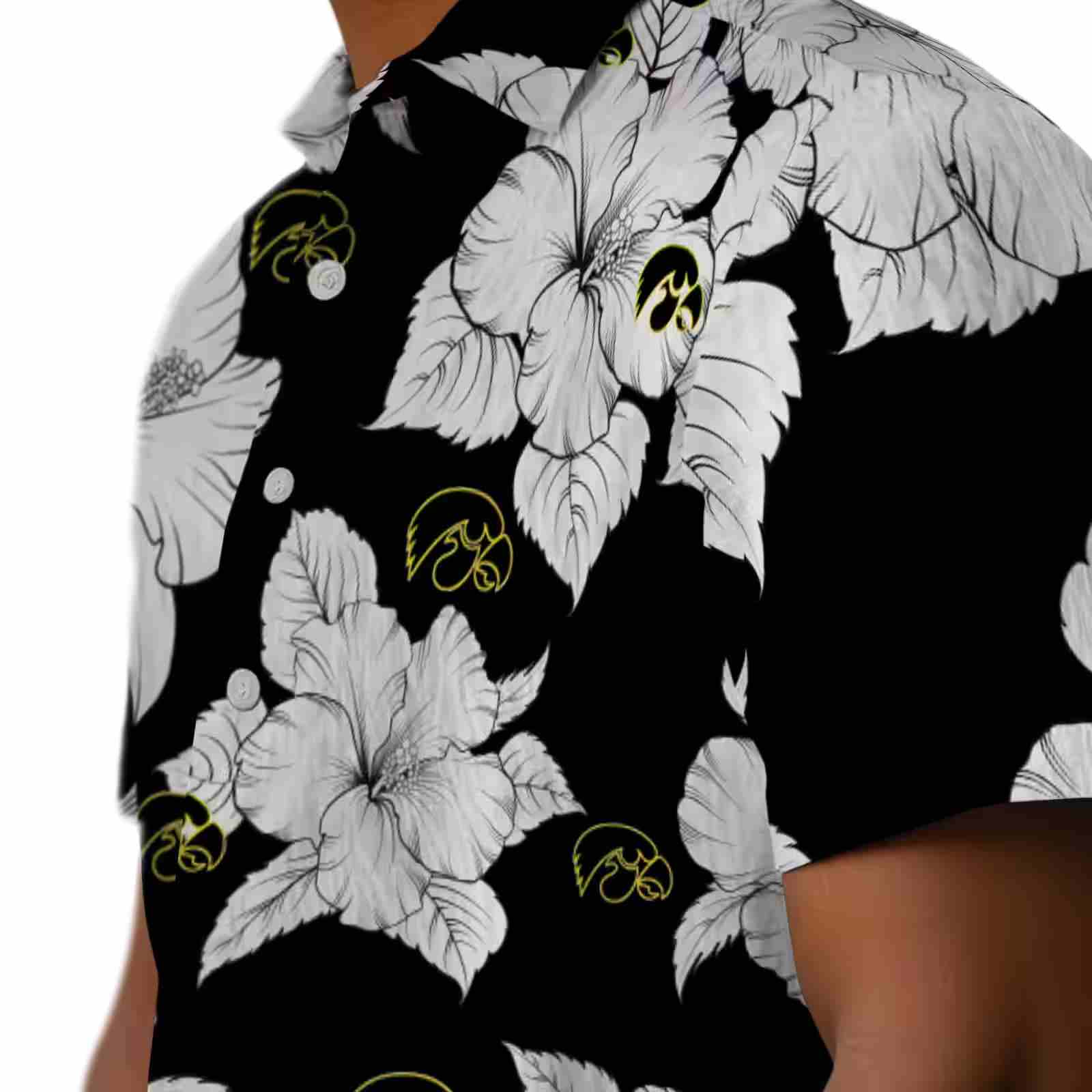 iowa hawkeyes hibiscus blooms black white hawaiian shirt trendy