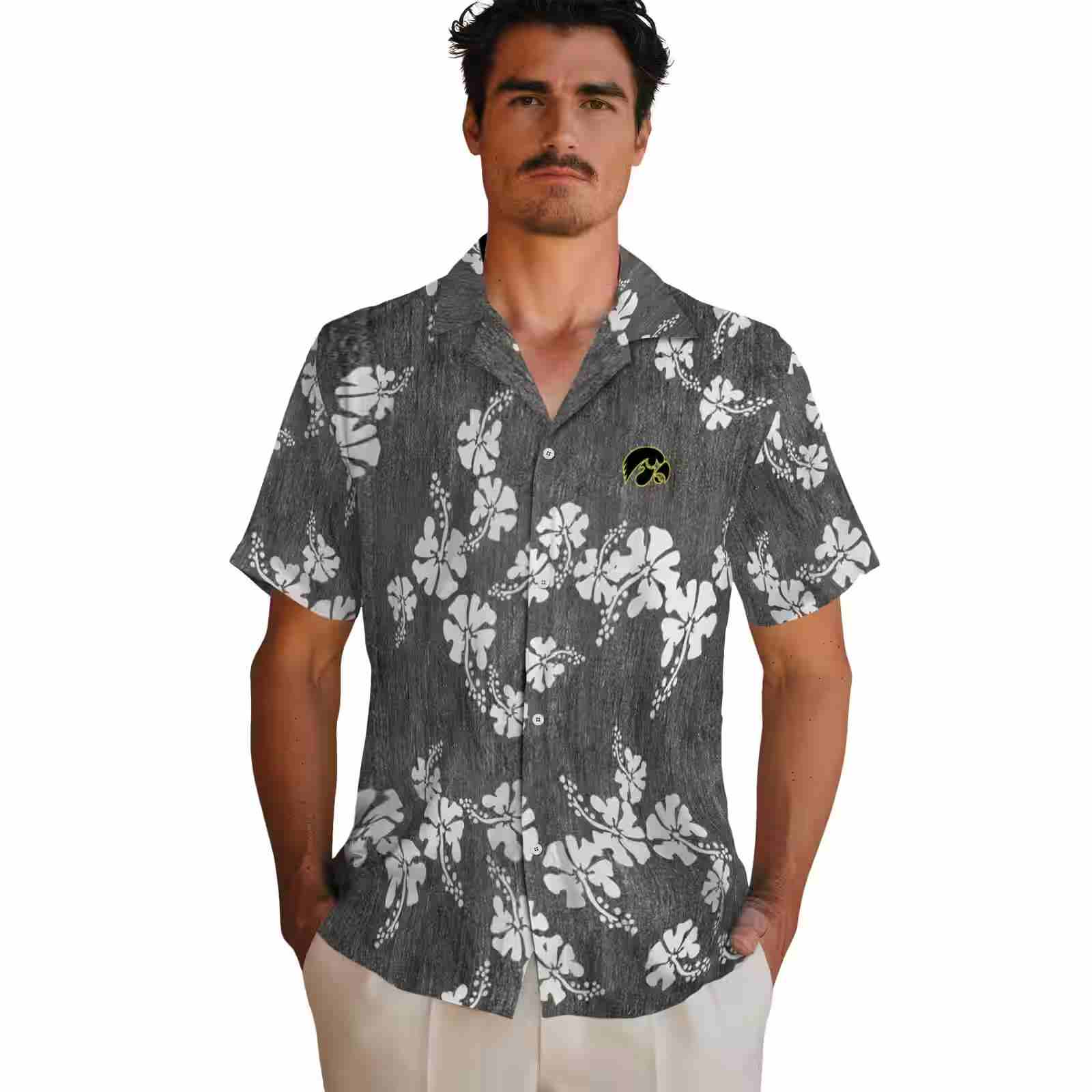 iowa hawkeyes hibiscus clusters black hawaiian shirt fashion forward