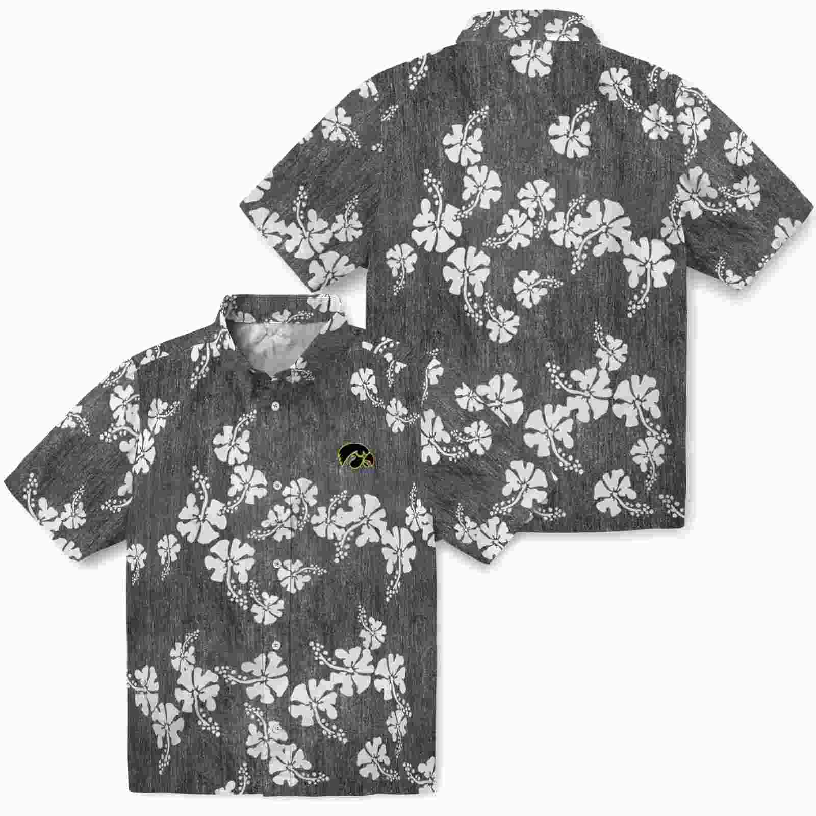 iowa hawkeyes hibiscus clusters black hawaiian shirt high quality