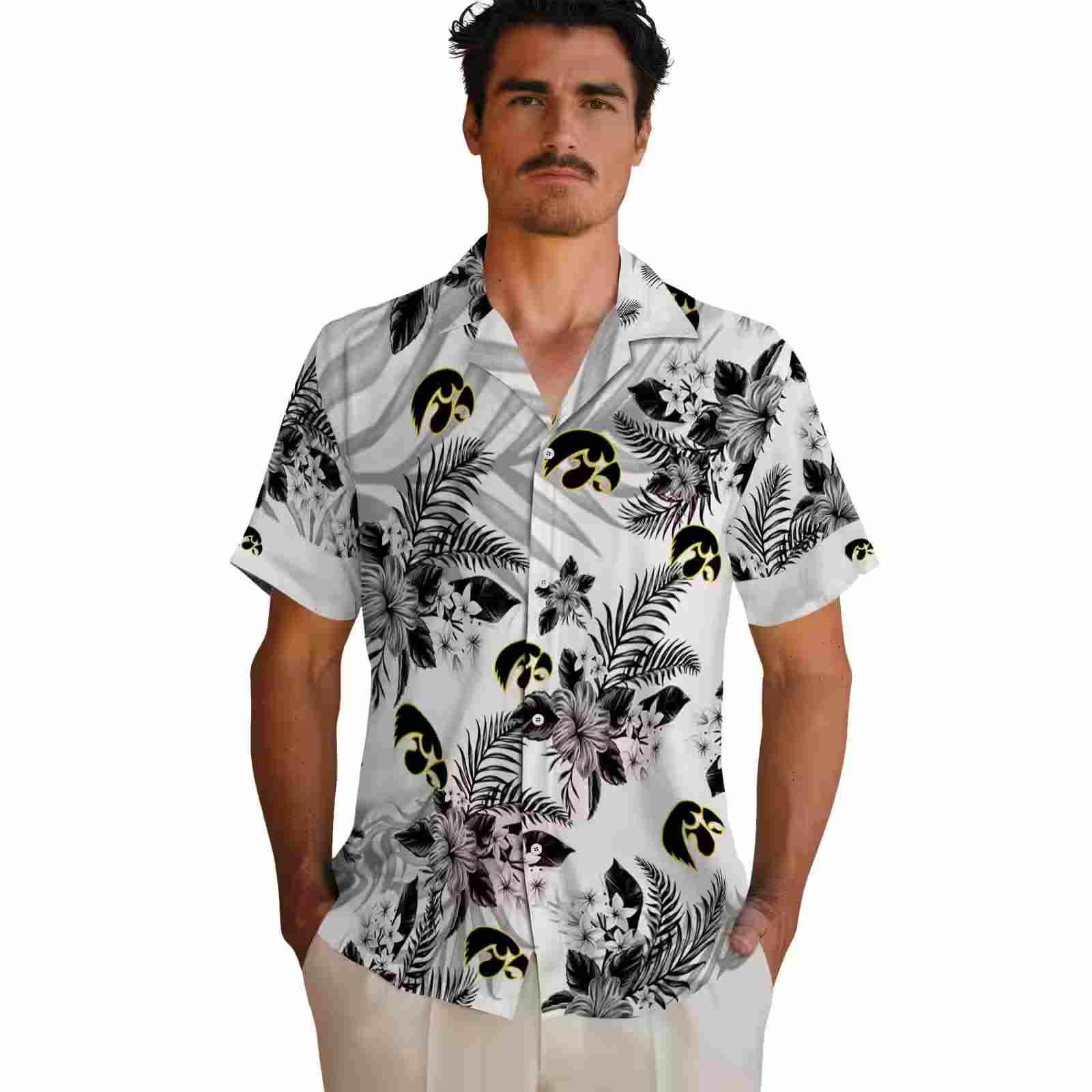 iowa hawkeyes hibiscus palm leaves black white hawaiian shirt fashion forward