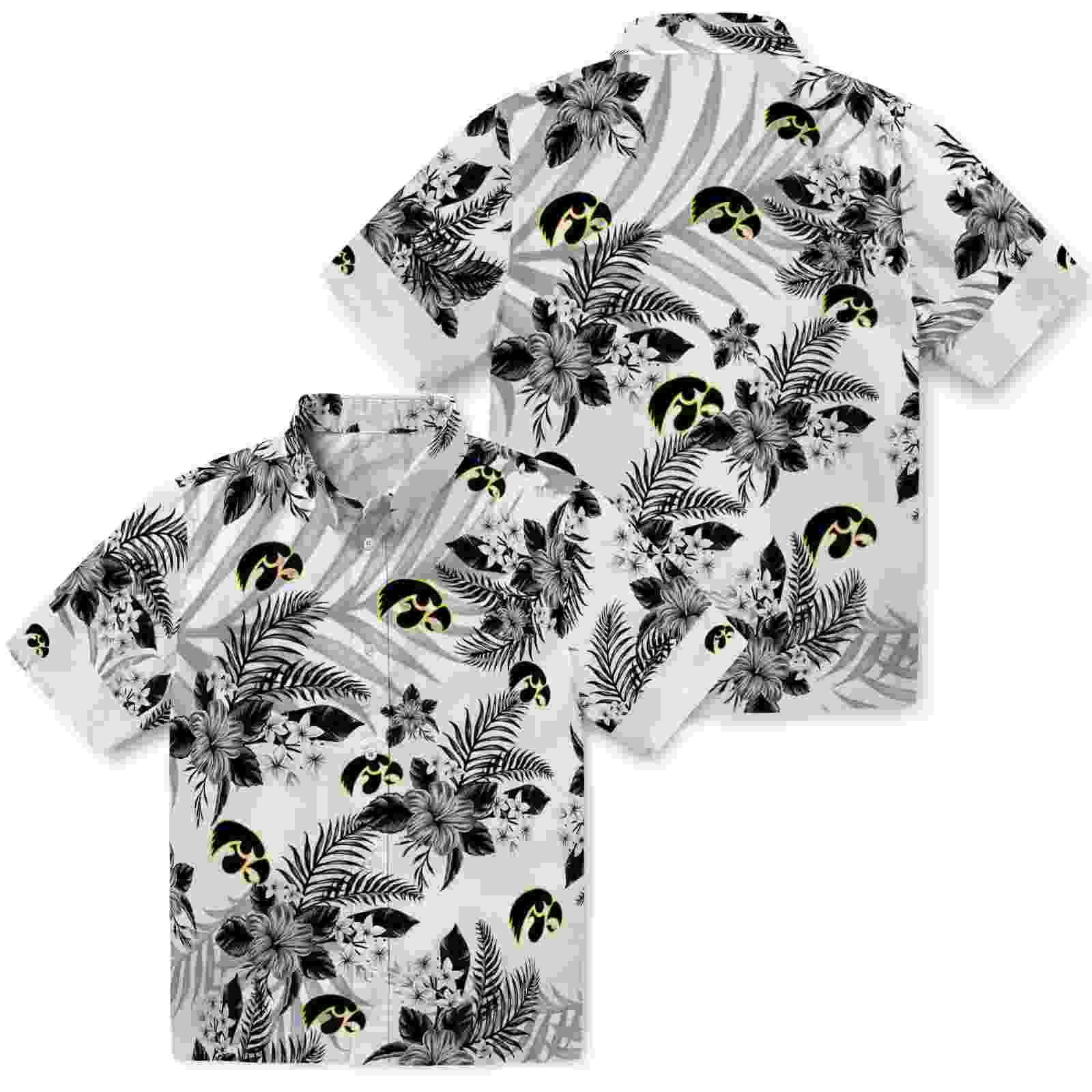 iowa hawkeyes hibiscus palm leaves black white hawaiian shirt high quality