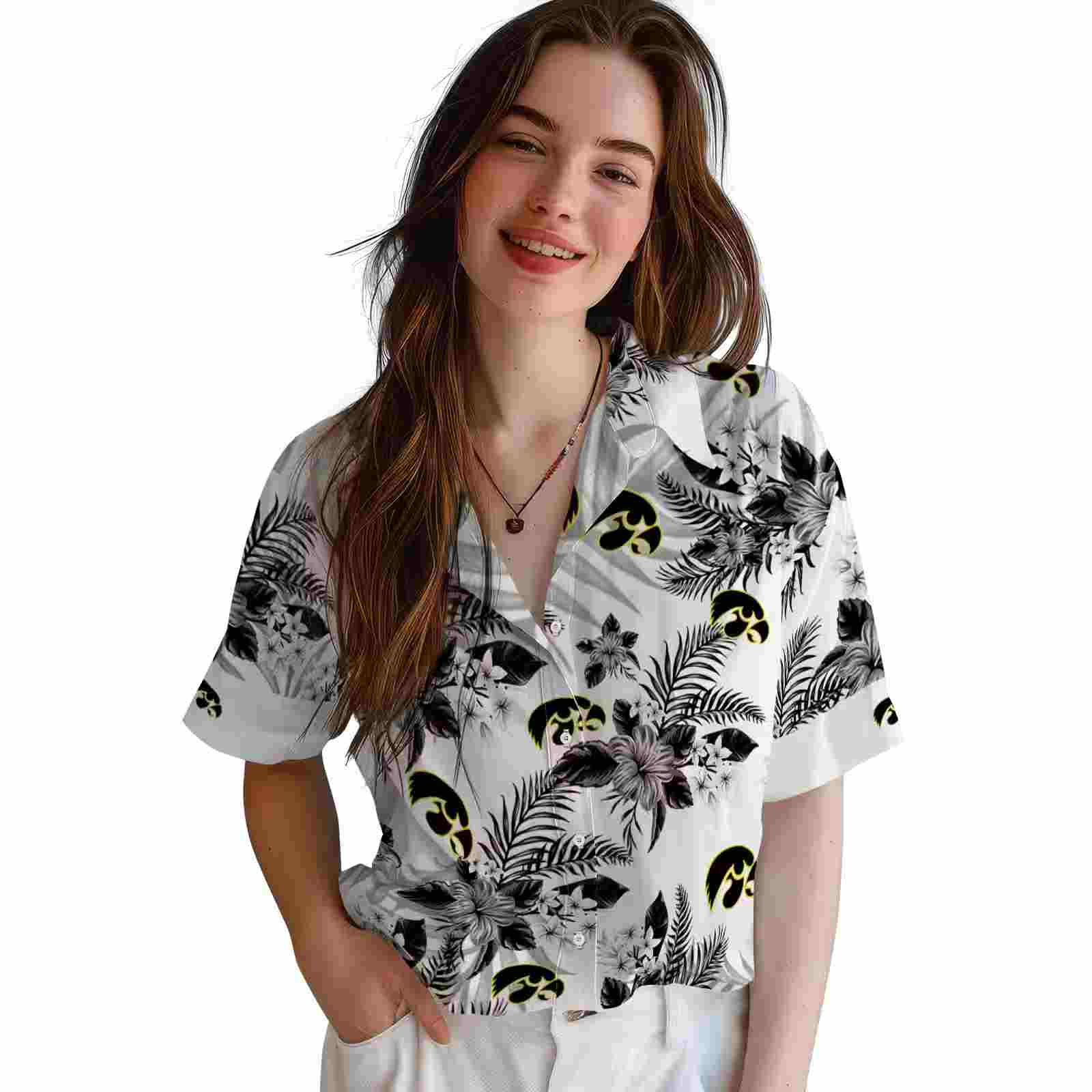 iowa hawkeyes hibiscus palm leaves black white hawaiian shirt latest model